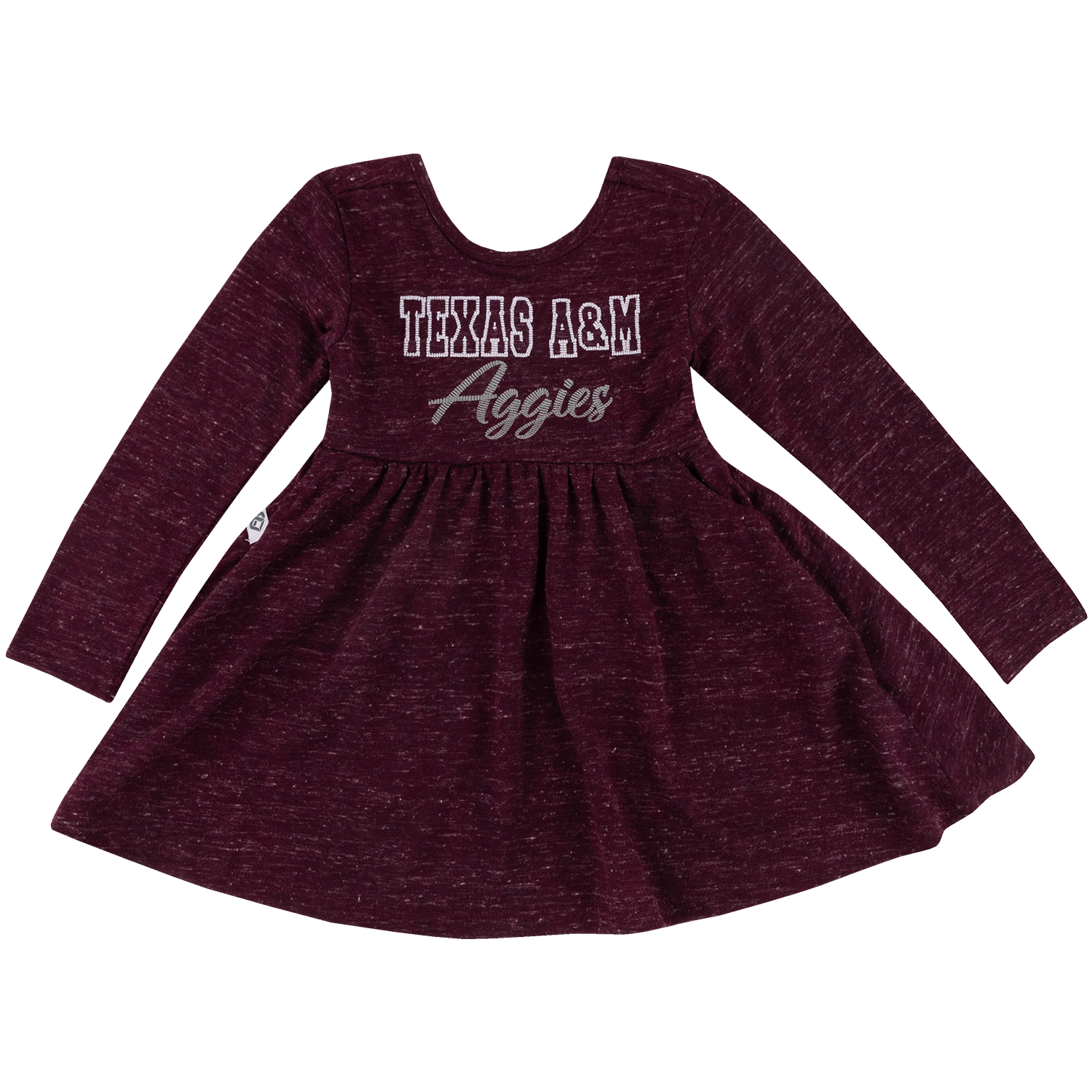 Maroon Texas A&M toddler long-sleeve dress featuring a heathered texture, white “Texas A&M Aggies” lettering on the front, a gathered waist, and a flared skirt.