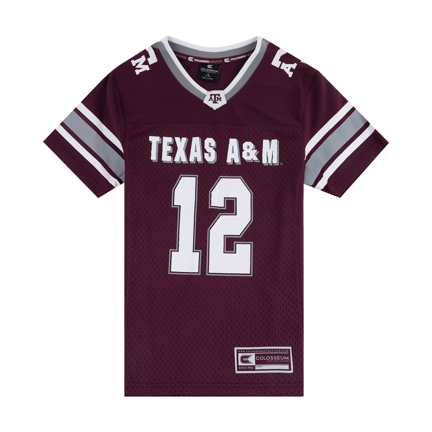 A maroon Texas A&M football jersey with white and gray accents, featuring 'TEXAS A&M' and the number '12' on the front.