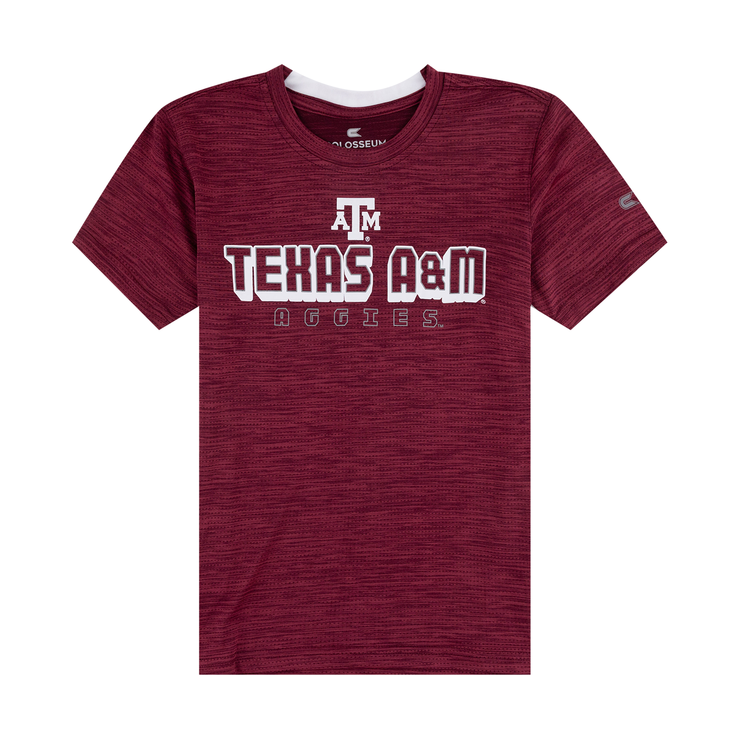 A maroon heathered short-sleeve t-shirt with 'TEXAS A&M AGGIES' and the 'A&M' logo printed in white on the chest, shown on a plain white background.