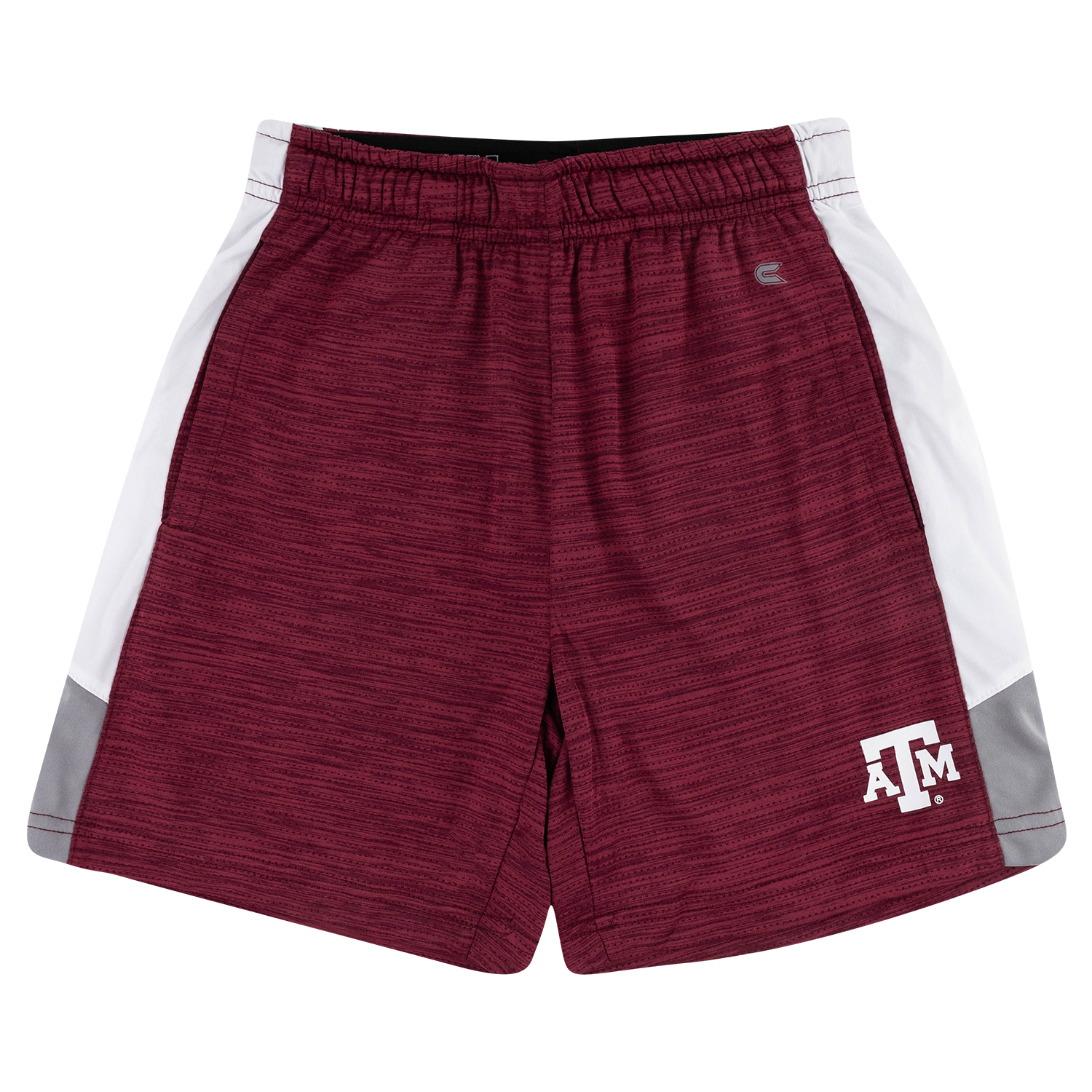 A pair of maroon athletic shorts with white side panels and a gray heel section, featuring a white Texas A&M 'A&M' logo on the lower left leg. The shorts are displayed flat against a solid white background.