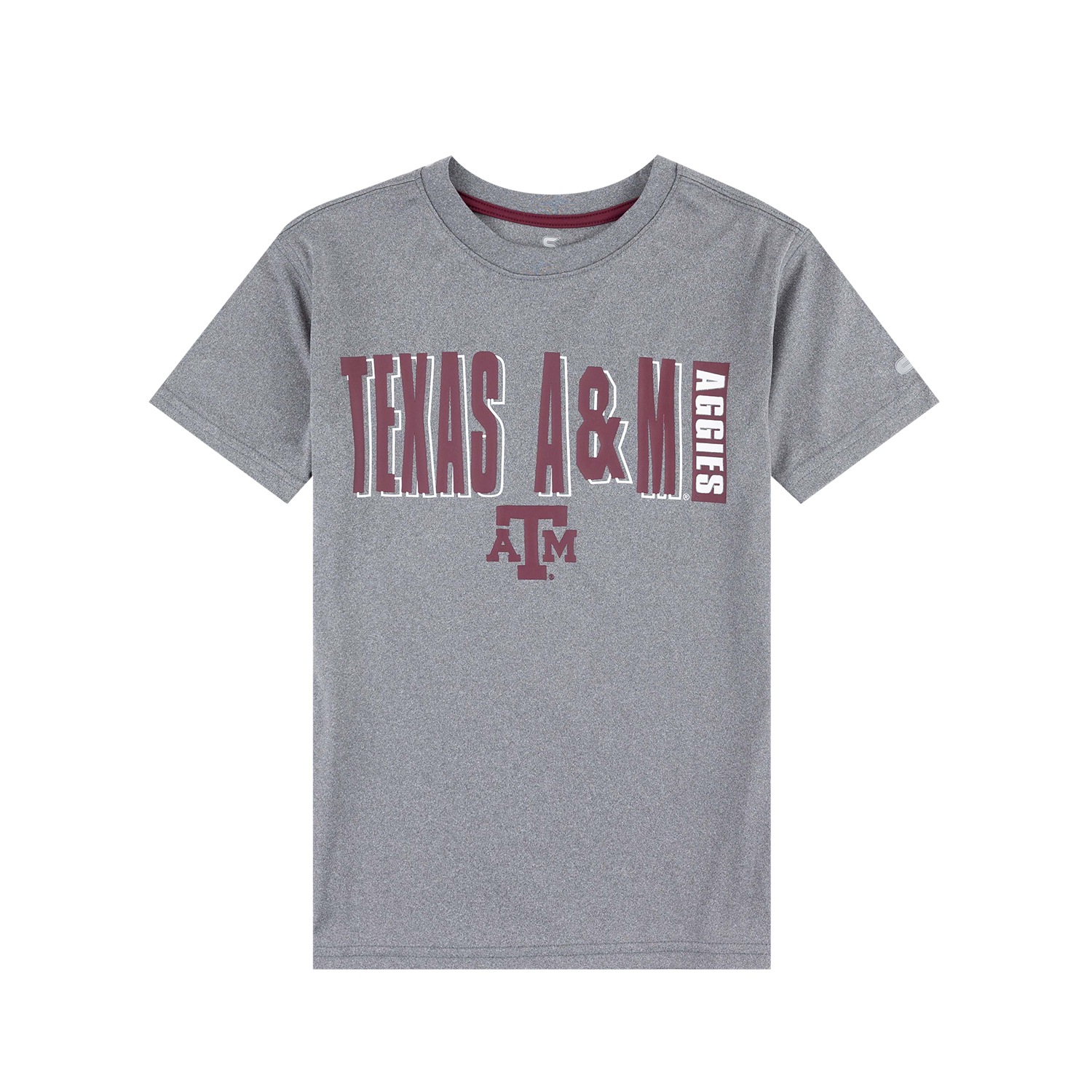 A heather gray short-sleeve t-shirt with 'TEXAS A&M' and 'AGGIES' printed in maroon across the chest, along with the 'ATM' logo below, on a plain white background.