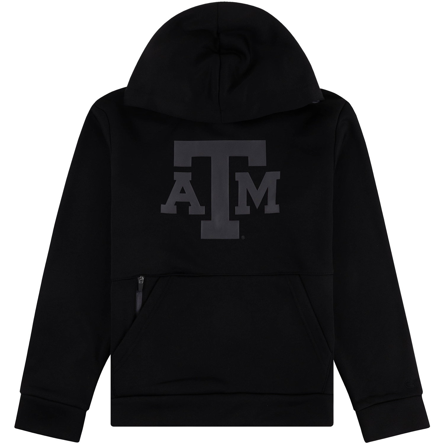 Black Texas A&M pullover hoodie featuring a tonal A&M logo on the chest, kangaroo pocket, and attached hood.