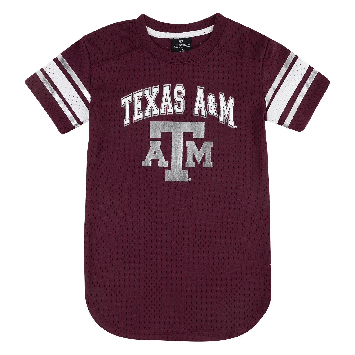A youth girls short-sleeve maroon mesh jersey T-shirt with 'TEXAS A&M' and 'A&M' printed in distressed white on the front, featuring white striped sleeves.
