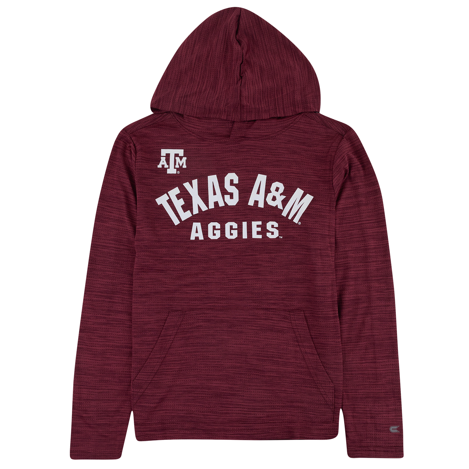 A maroon heather-textured hoodie shown from the back, featuring a large white 'TEXAS A&M AGGIES' graphic and an 'A&M' logo on the upper back.