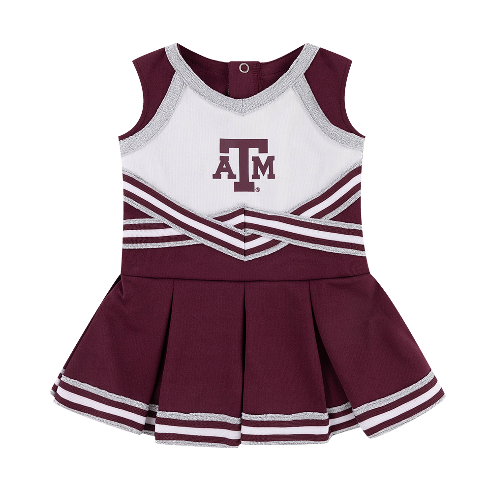 Maroon and white cheerleader dress with  Texas A&M logo on the center of the chest