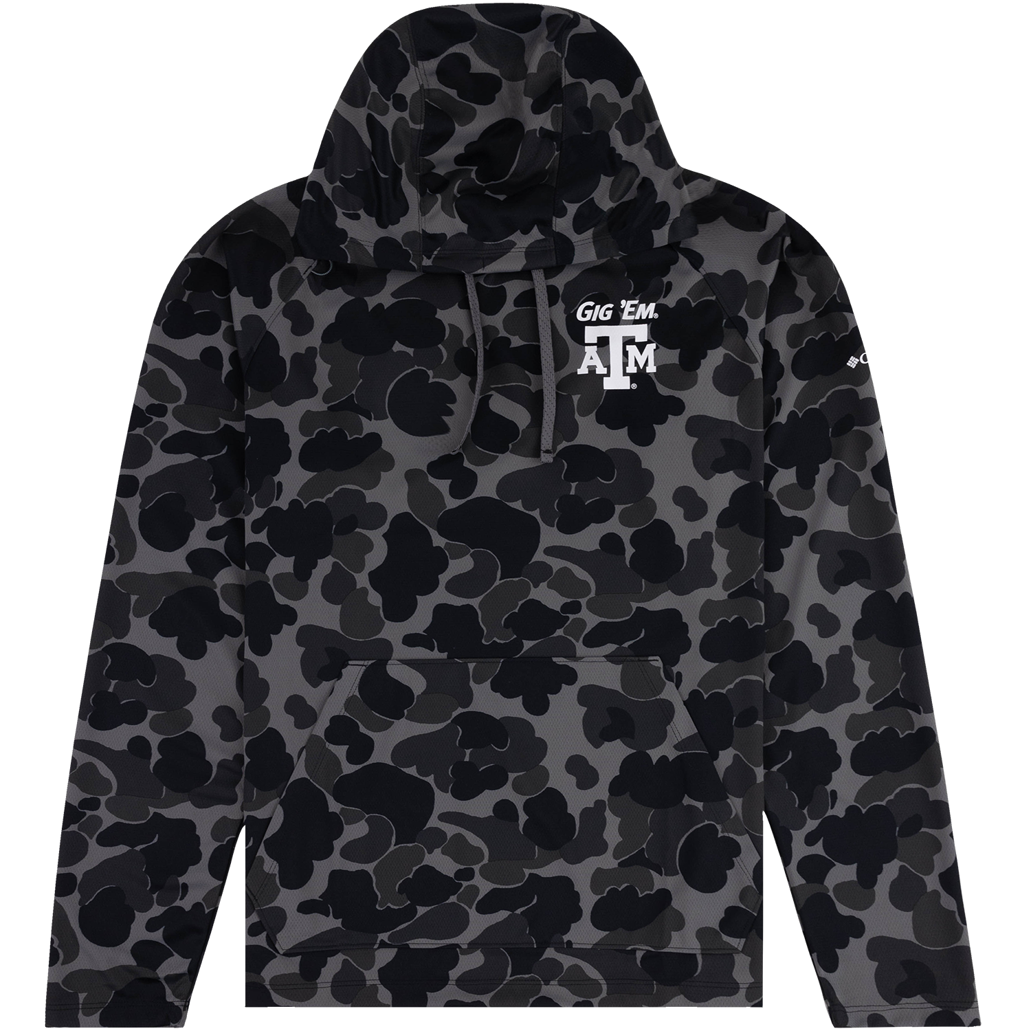 Black and gray camouflage Texas A&M pullover hoodie with drawstrings, kangaroo pocket, and white “Gig ’Em” A&M logo on the chest.