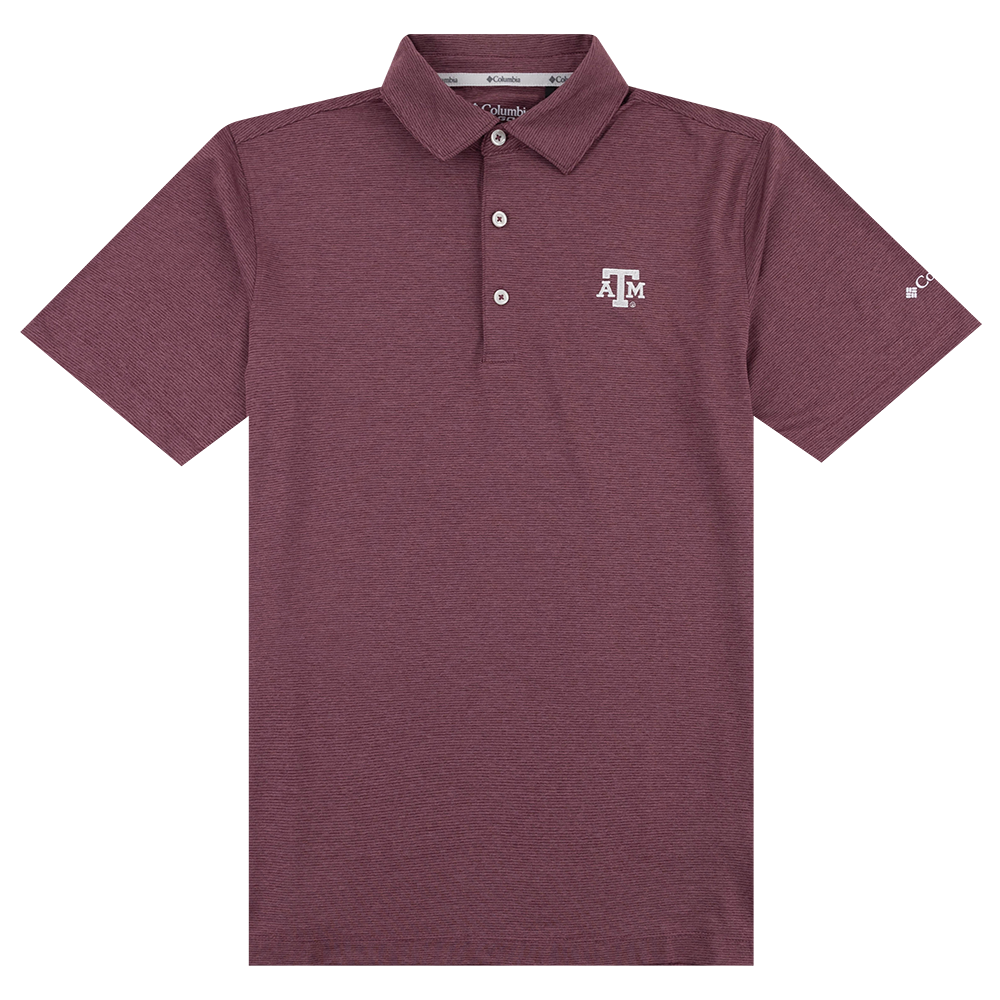 A short-sleeve polo shirt in heathered burgundy with a white embroidered Texas A&M logo on the left chest.