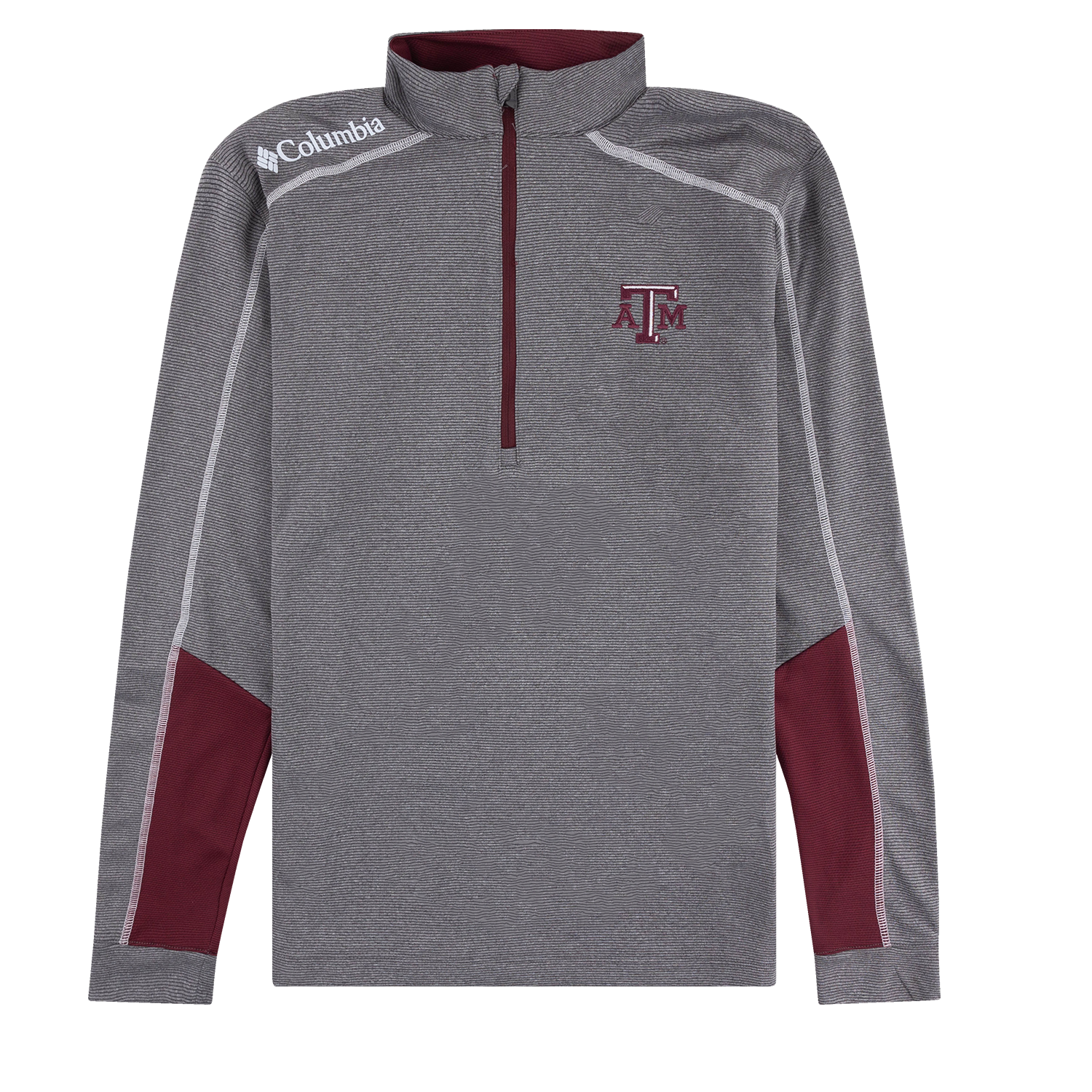 Gray Texas A&M Columbia Golf Shotgun Pullover 2.0 featuring a quarter-zip collar, subtle striped texture, maroon sleeve accents, white contrast piping, and embroidered Texas A&M and Columbia logos.

