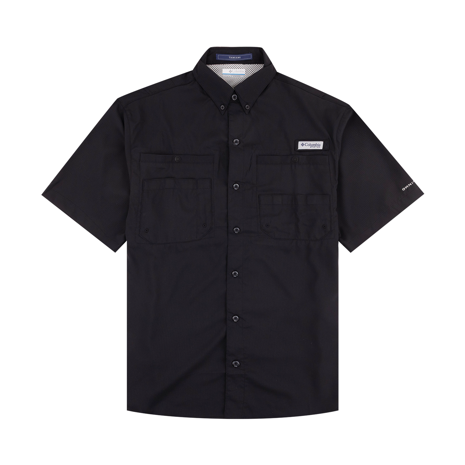 A black short-sleeve button-up shirt with two chest pockets, shown flat against a white background. A small Columbia logo patch is visible on the left chest.