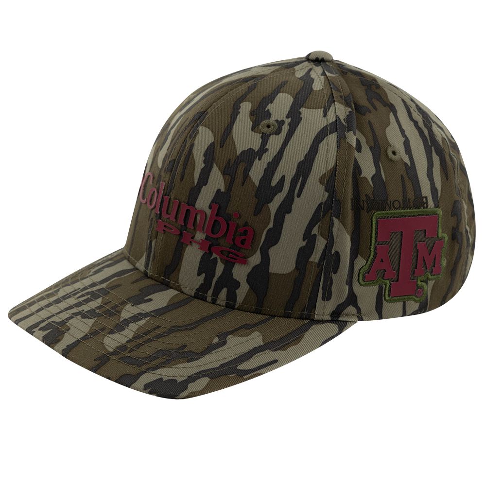 Mossy oak cap with "Columbia PFG" in maroon with a maroon ATM logo on the side