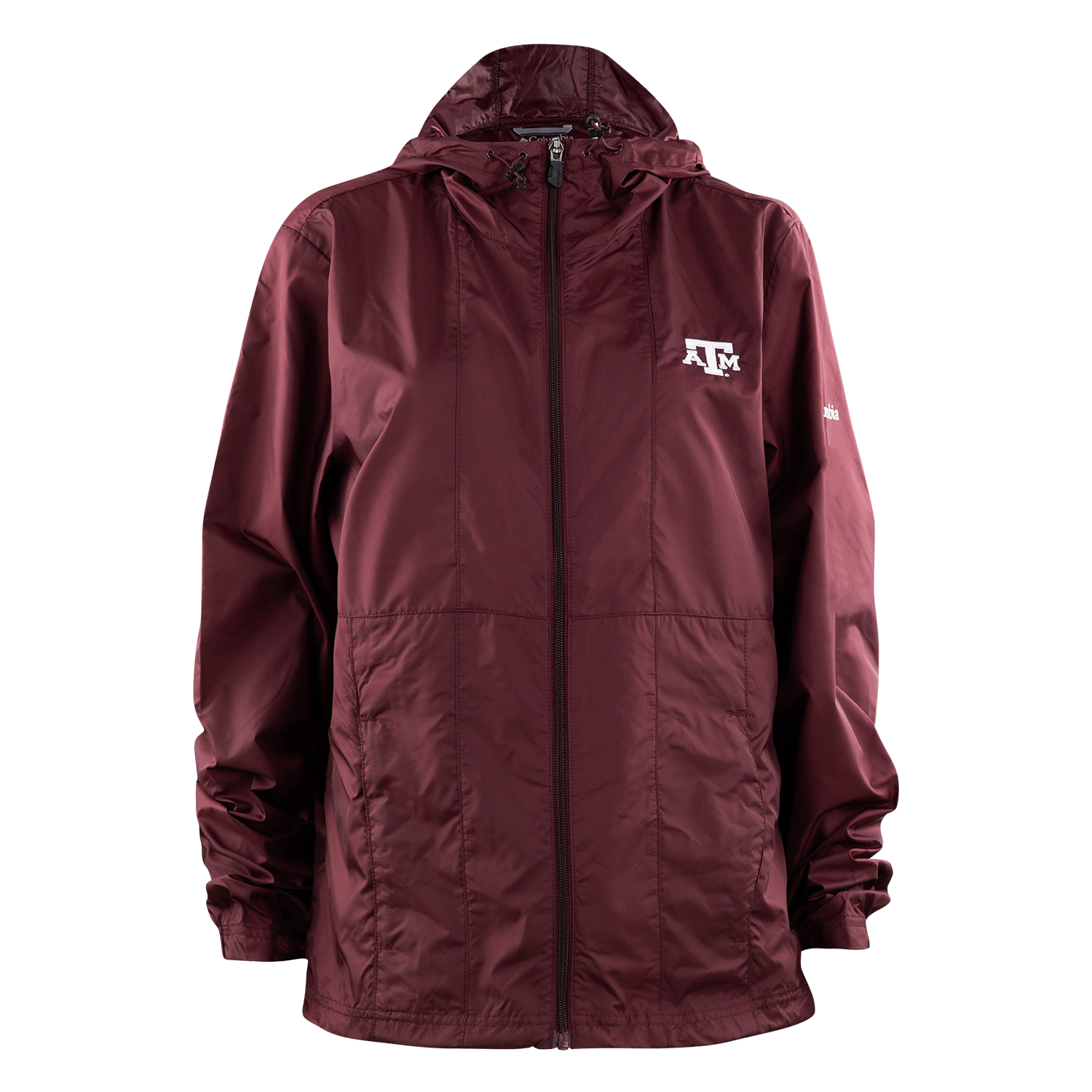 A maroon Columbia lightweight hooded jacket with a full front zipper and a white Texas A&M logo on the left chest.   