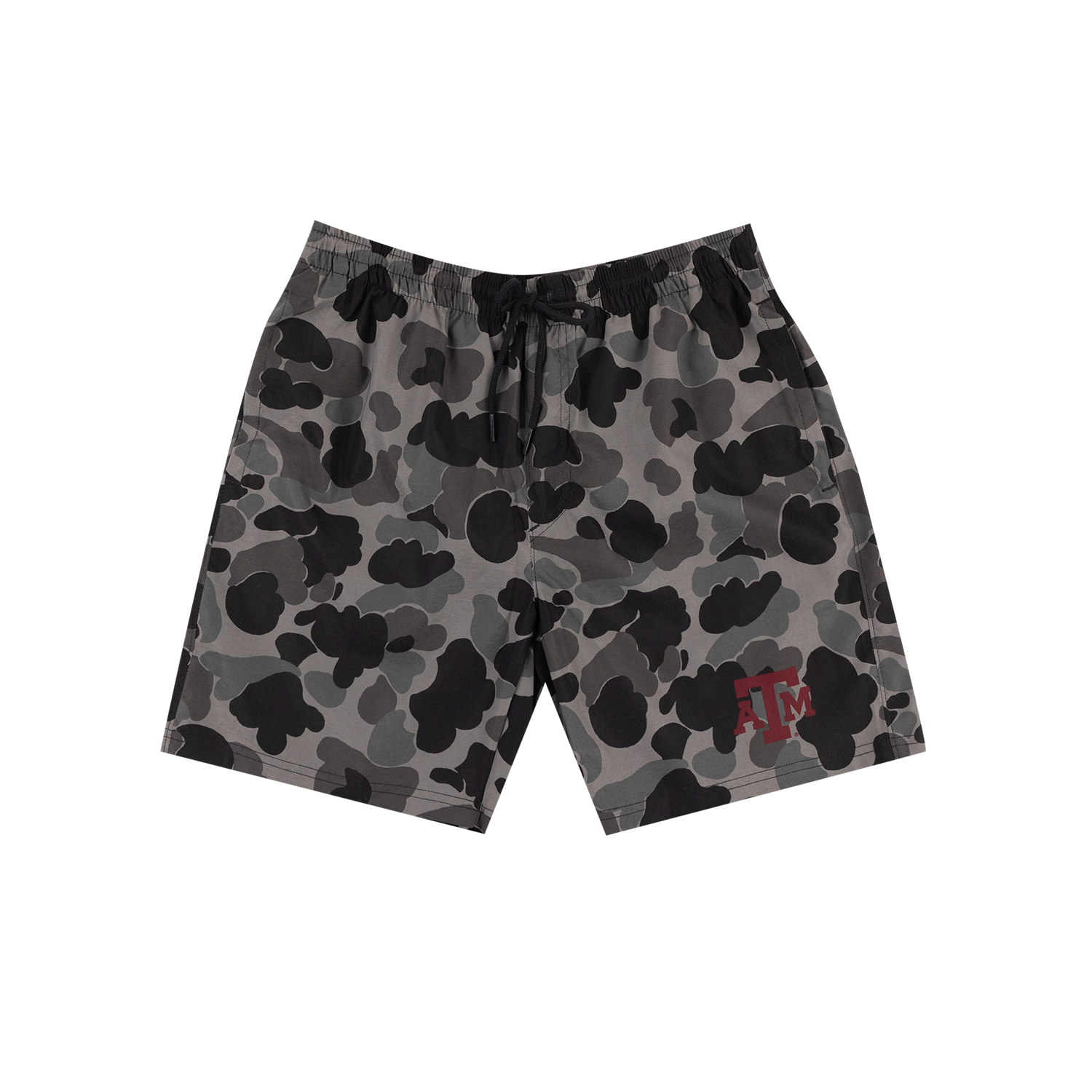 Gray and black camouflage shorts with a drawstring waist and a red Texas A&M logo on the lower left leg, shown against a plain white background.