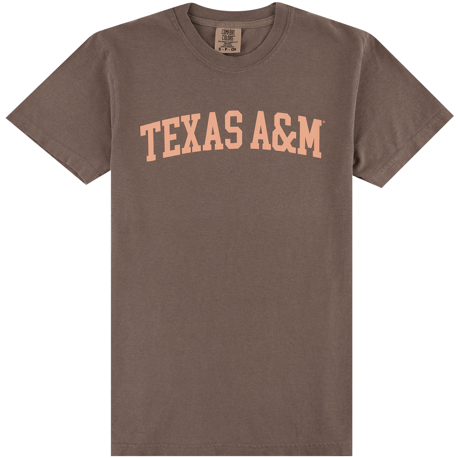 A brown short-sleeve crewneck t-shirt featuring 'TEXAS A&M' printed in a distressed peach-colored arched font across the chest, displayed on a clean white background.