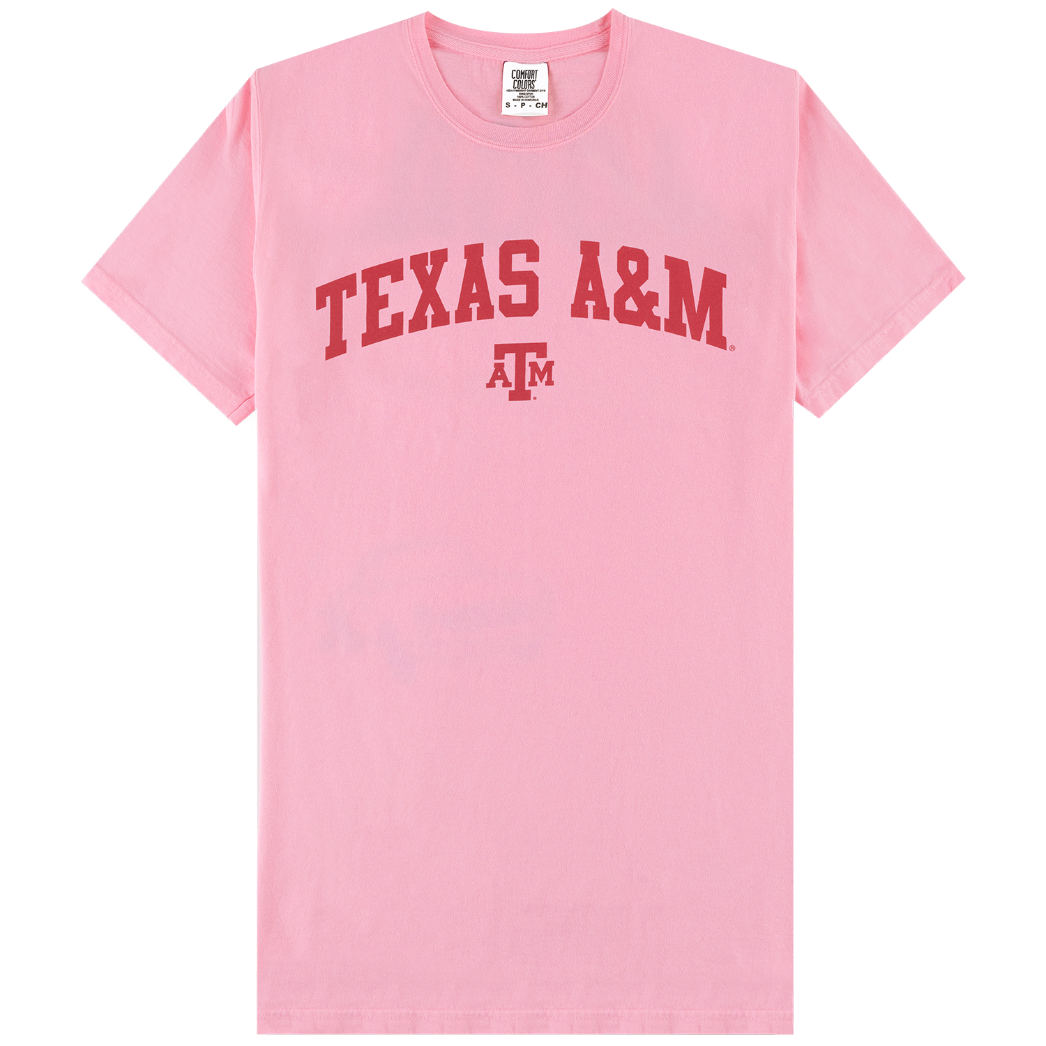 Pink T-shirt with darker pink Texas A&M text on chest. 
