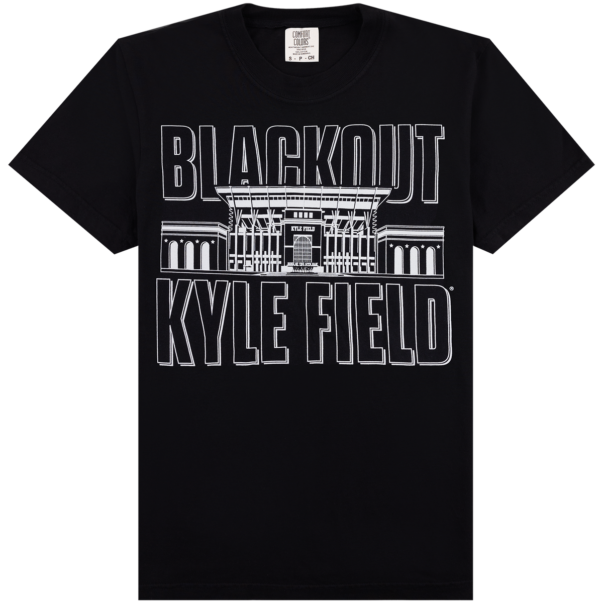 Black Comfort Colors Texas A&M Blackout T-shirt featuring white outlined “Blackout Kyle Field” lettering and a detailed illustration of Kyle Field stadium.