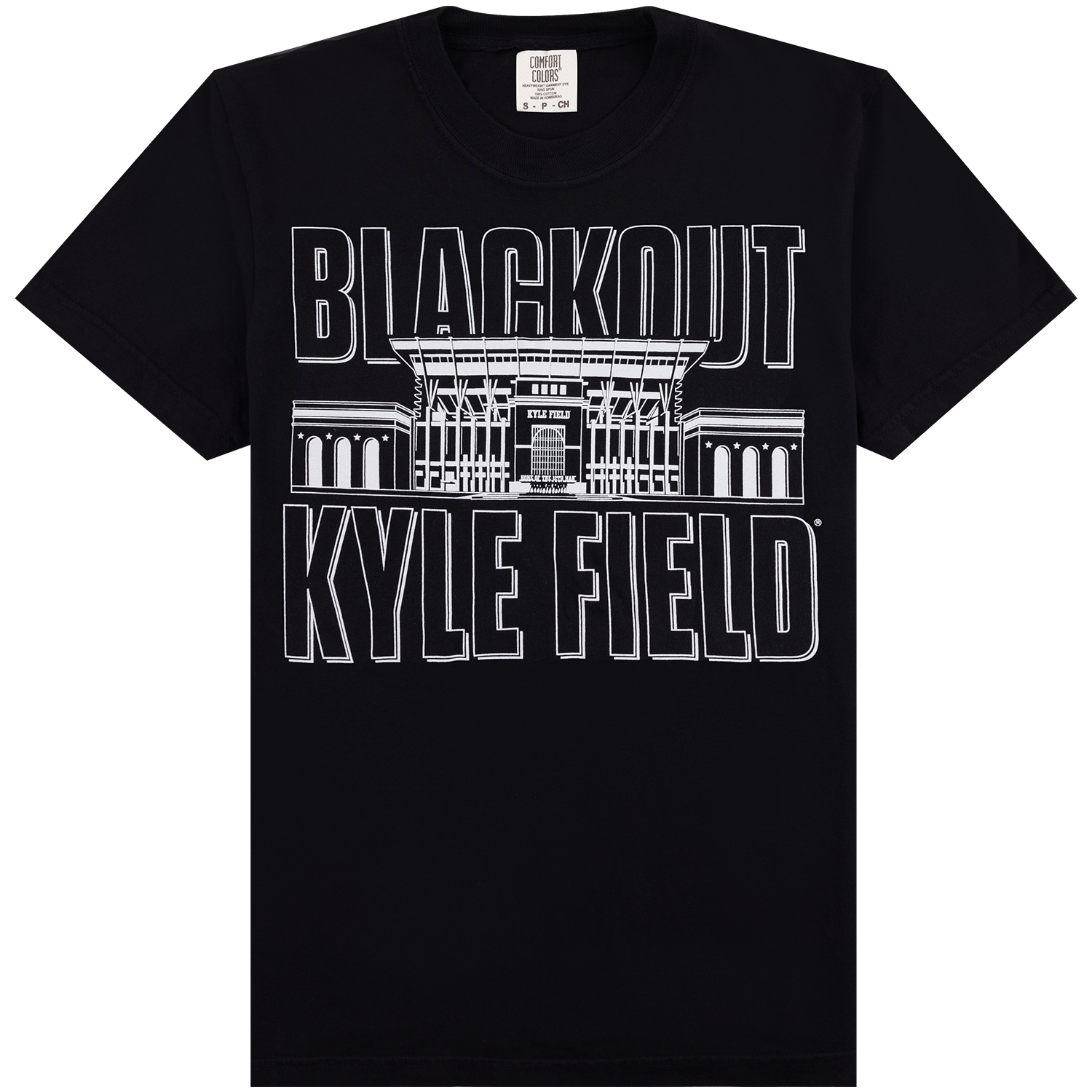 Black Comfort Colors Texas A&M Blackout T-shirt featuring white outlined “Blackout Kyle Field” lettering and a detailed illustration of Kyle Field stadium.