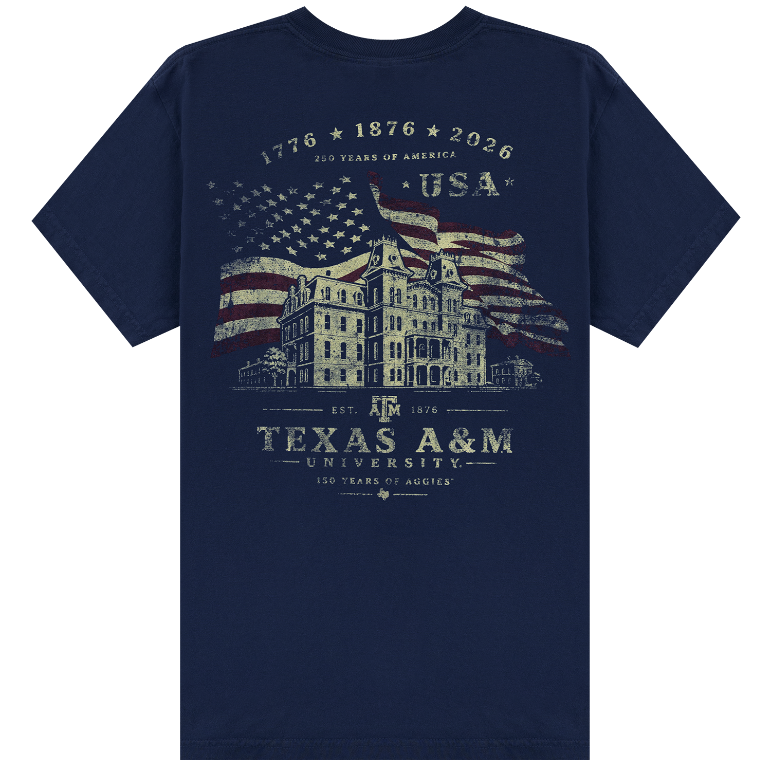 A navy blue short-sleeve t-shirt with a vintage-style distressed graphic on the front featuring the Texas A&M University building, an American flag, and text celebrating 150 years of Aggies.