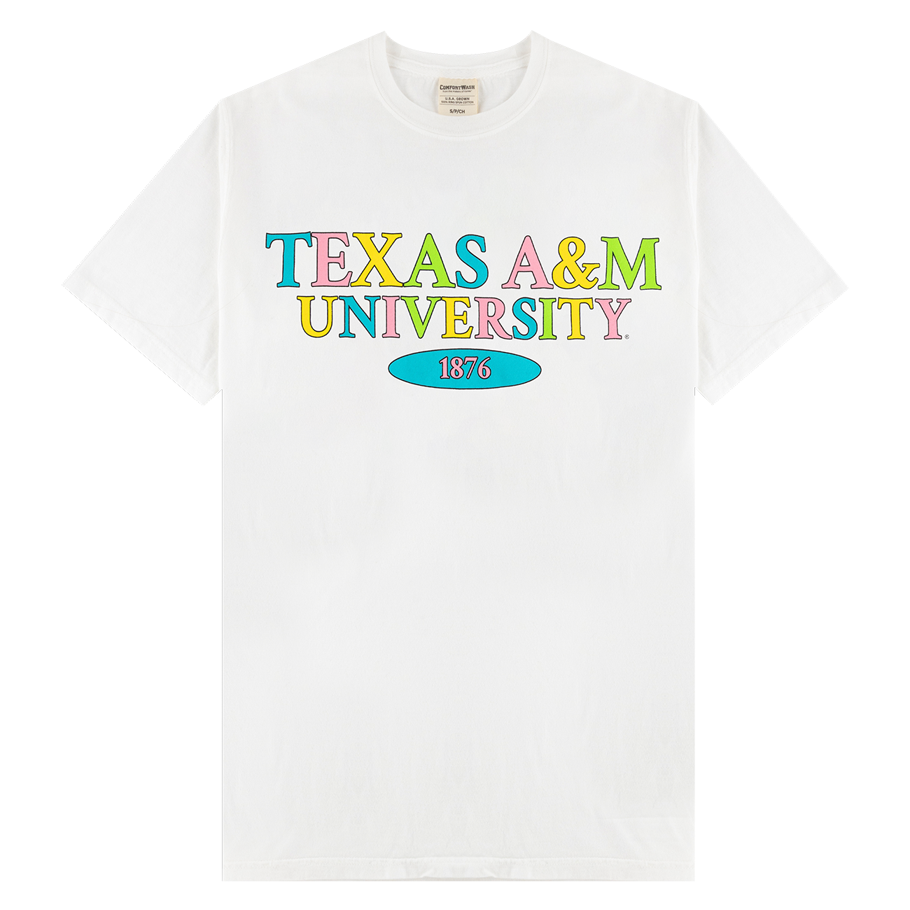 White t-shirt with 'Texas A&M University 1876' text in colorful letters 
