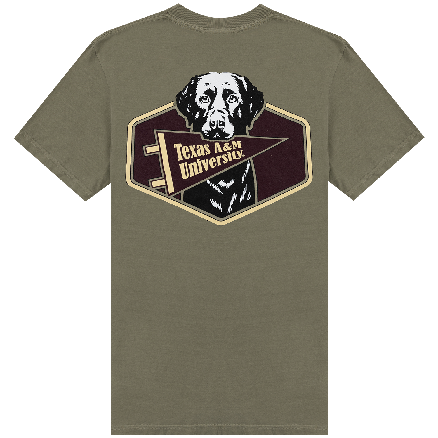 An olive green t-shirt featuring a back graphic of a dog portrait inside a hexagonal badge, holding a pennant that reads "Texas A&M University".   