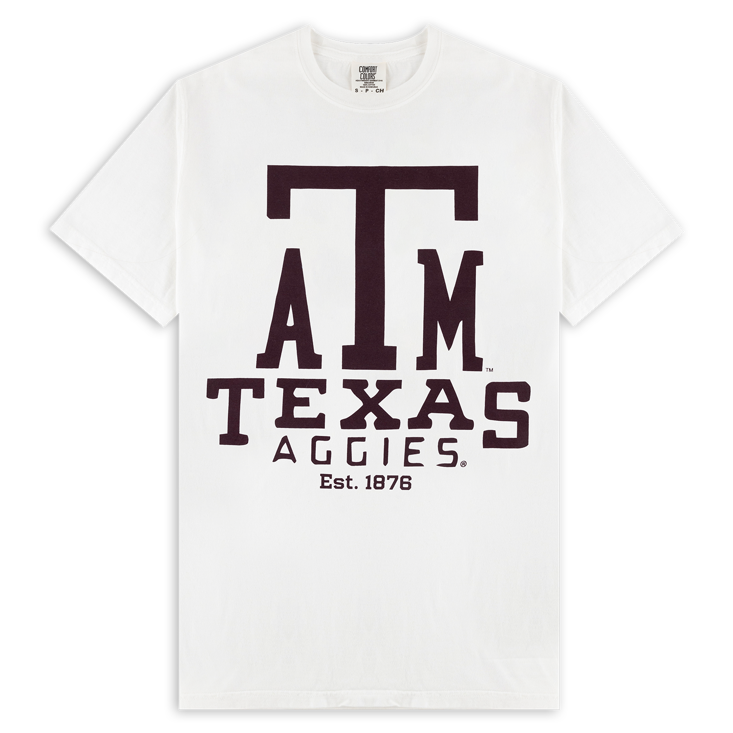 A white short-sleeve crewneck t-shirt featuring a dark maroon graphic print of the Texas A&M Aggies 'ATM' logo and 'TEXAS AGGIES' text on the front.