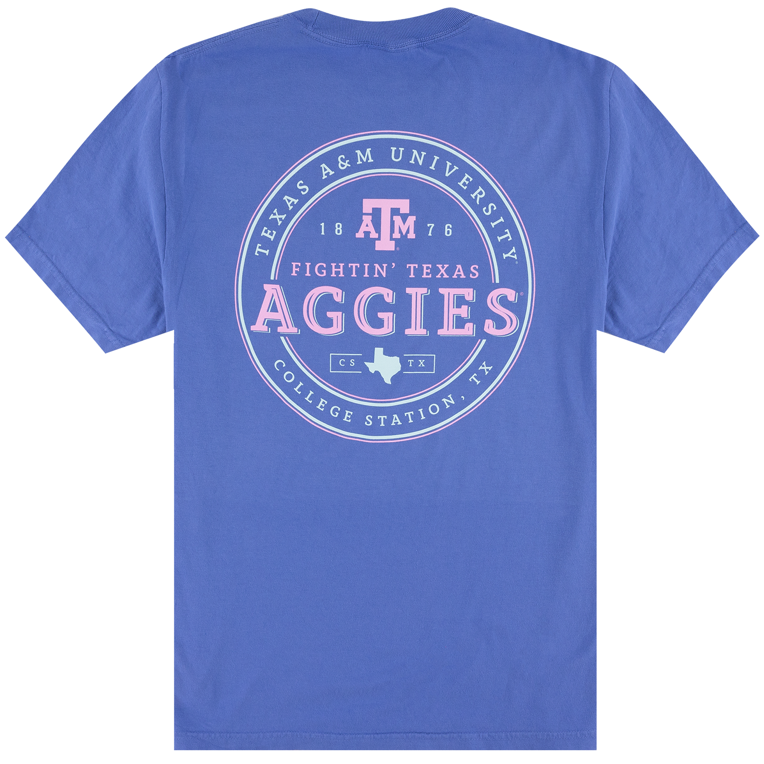 A royal blue short-sleeve t-shirt shown from the back, featuring a large circular graphic print for Texas A&M University. The graphic includes the Texas A&M 'A' logo, the words 'FIGHTIN' TEXAS AGGIES', 'COLLEGE STATION, TX', and the state of Texas silhouette in white and pink.