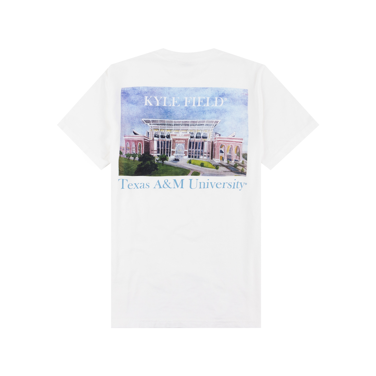 A white short-sleeve t-shirt shown from the back, featuring a large graphic print of the Kyle Field stadium at Texas A&M University with the text 'KYLE FIELD' and 'Texas A&M University' printed on it.