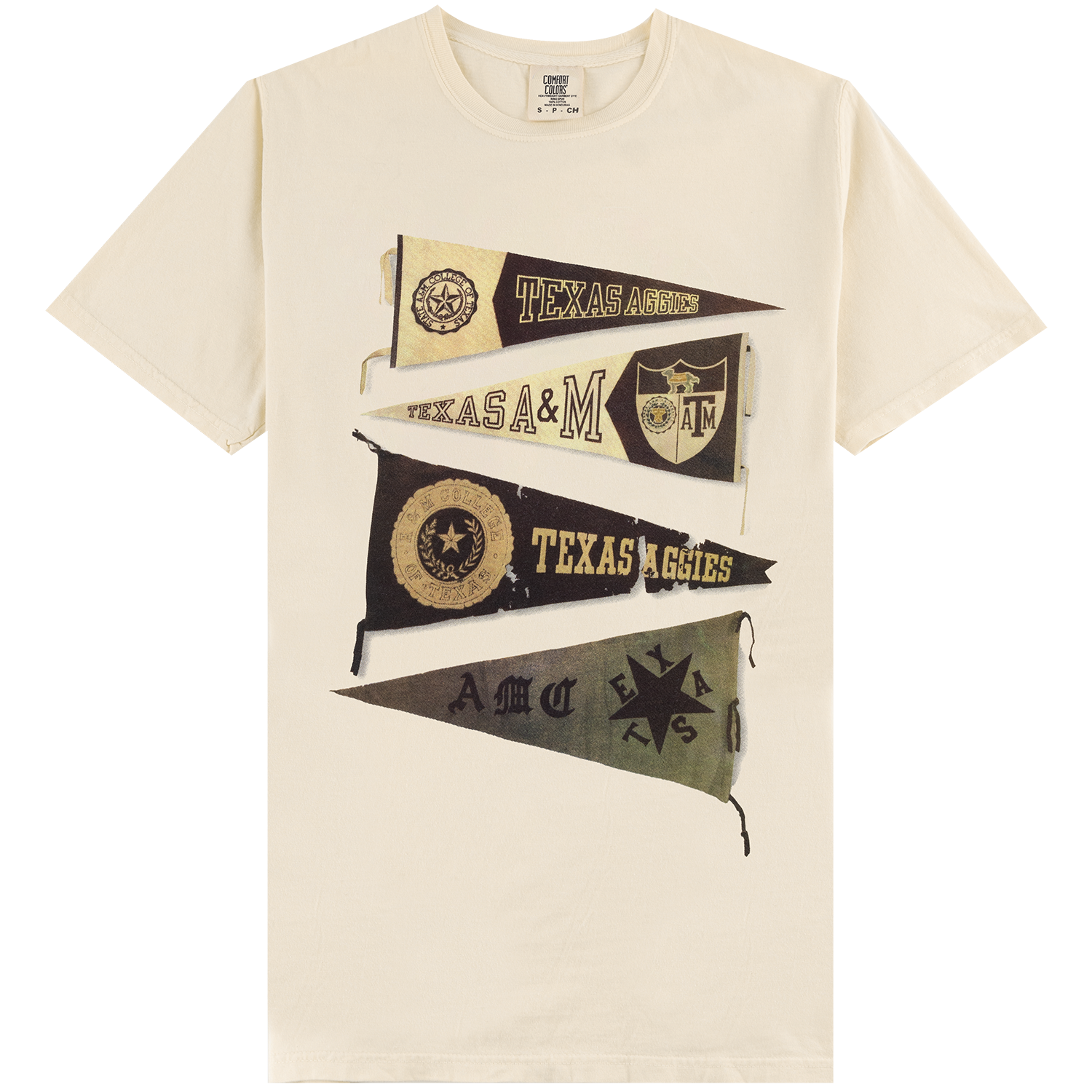 An off-white short-sleeve t-shirt featuring a graphic print of four stacked Texas A&M football pennants in black, gold, and olive green, with 'TEXAS A&M' text and team logos.