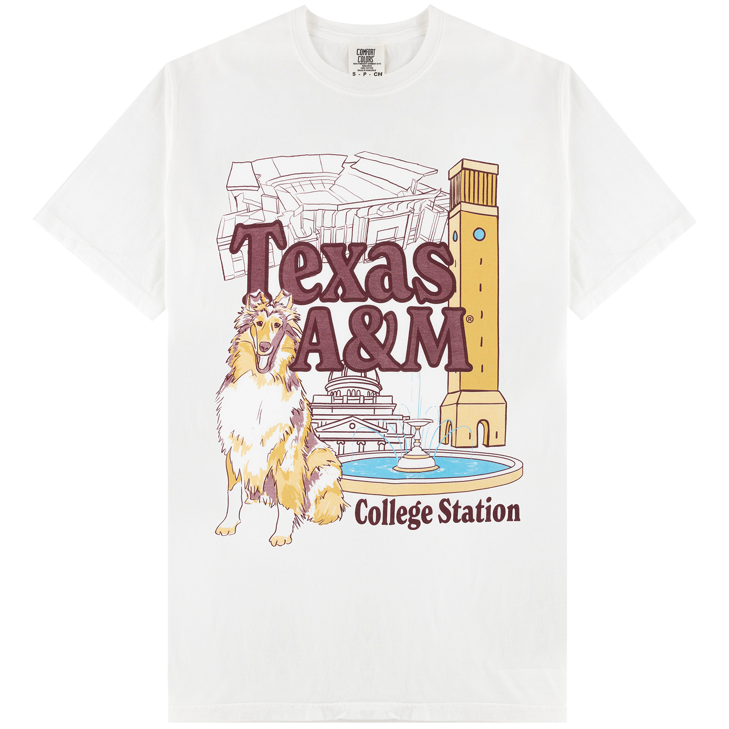 Texas A&M College Station graphic T-shirt featuring Reveille, Kyle Field, the Academic Building, and a tower-inspired illustration with “Texas A&M College Station” lettering.