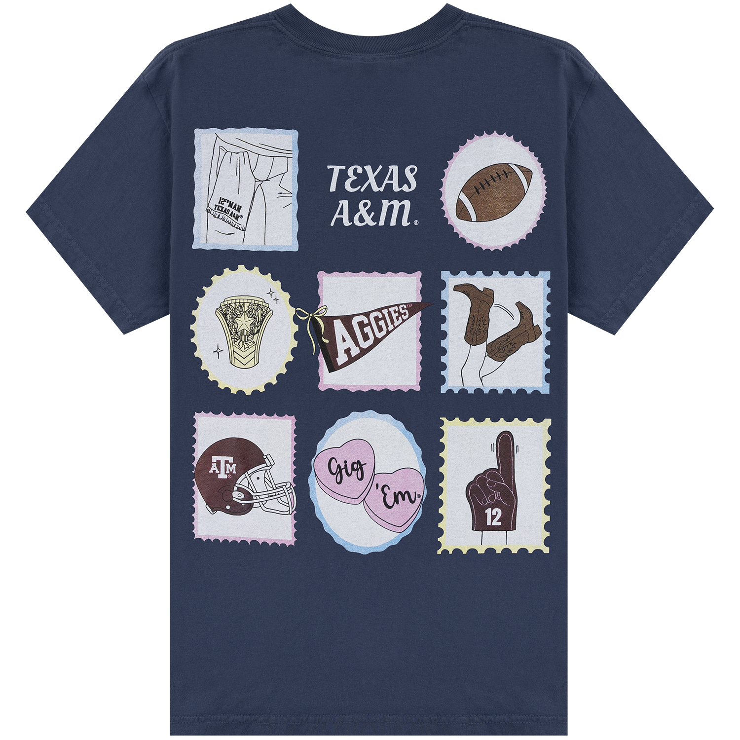 A navy blue short-sleeve t-shirt featuring a graphic collage of Texas A&M University themed illustrations, including a football helmet, boots, a pennant, and a foam finger, with the text 'TEXAS A&M' in the center.