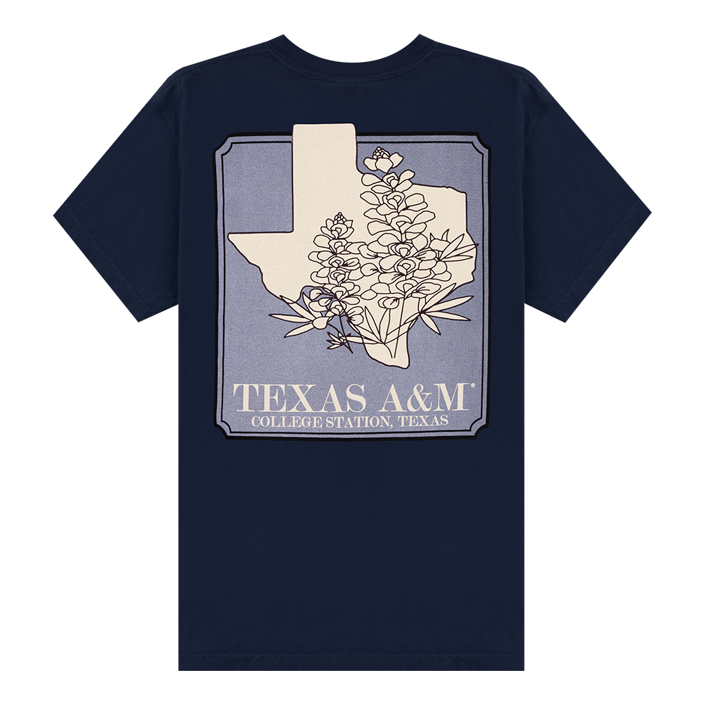 Navy T-Shirt with beige Texas Bluebonnets design