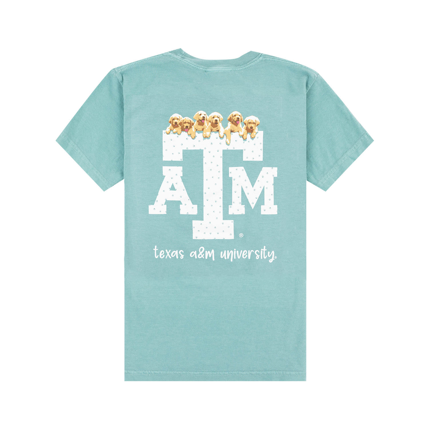 Back of Texas A&M Comfort Colors youth tee with puppy paws ATM block logo in green