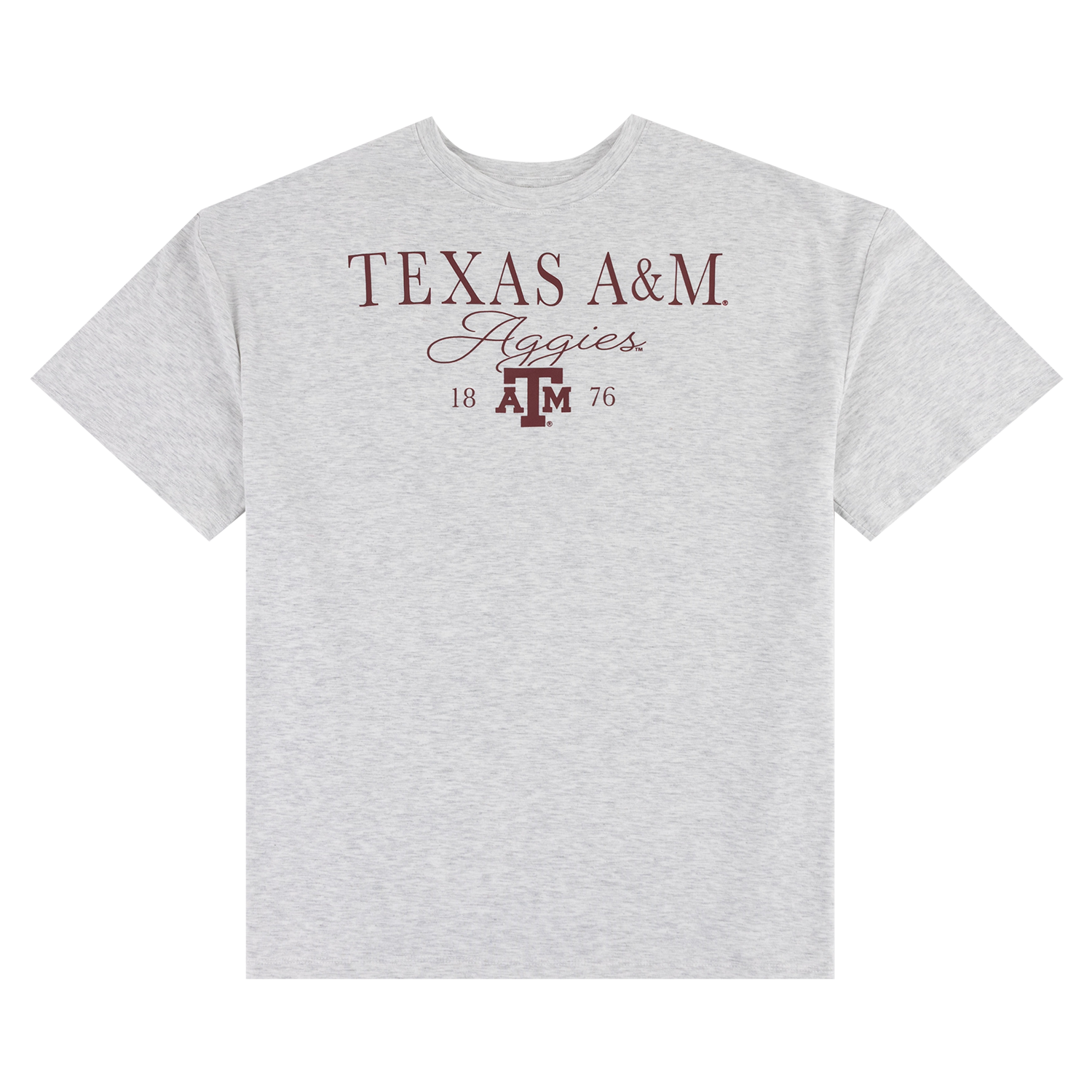 Gray top and bottom set with maroon text and logo
