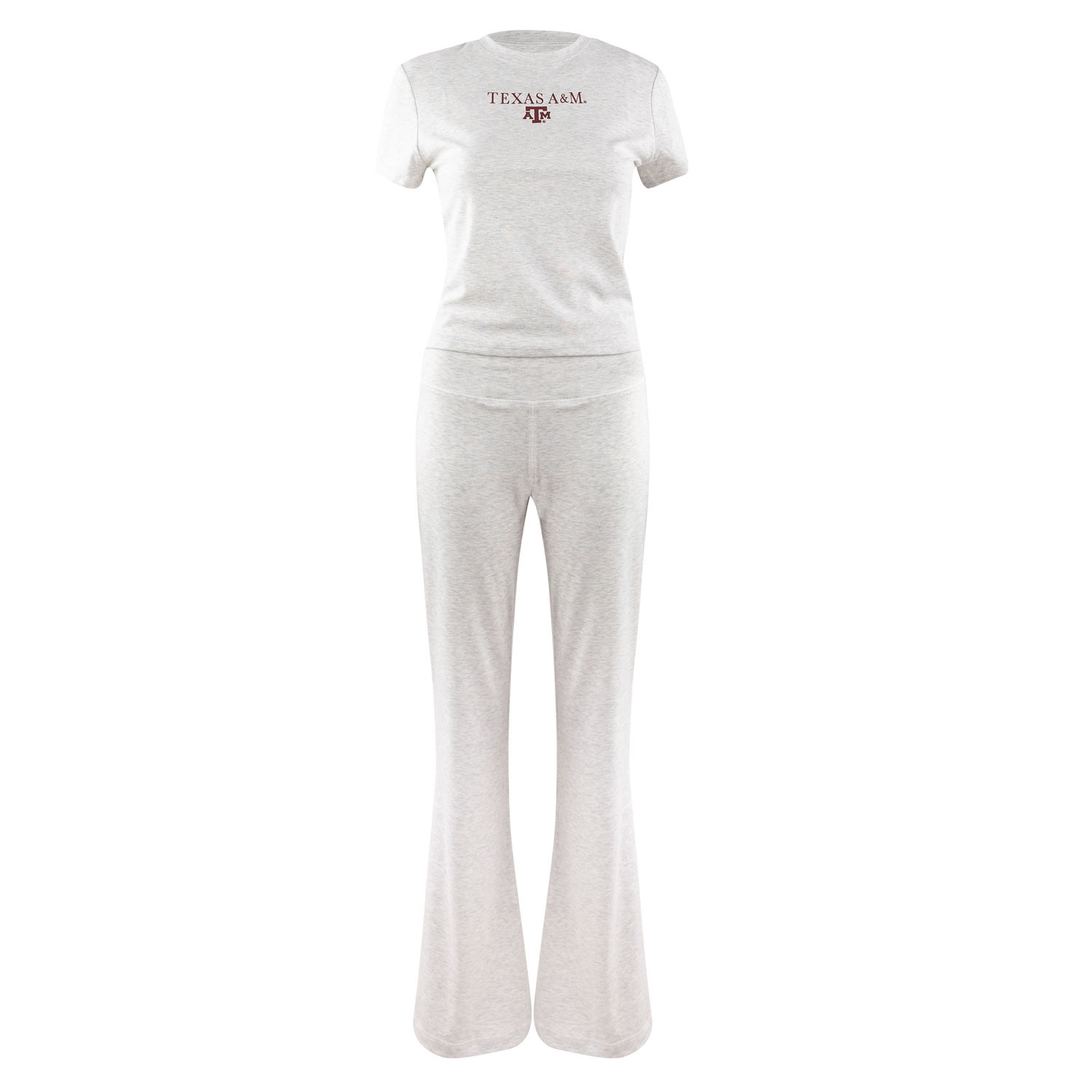 A women's two-piece lounge set consisting of a short-sleeve crewneck t-shirt and matching flared pants, both in a light heather gray color. The t-shirt features the text 'TEXAS A&M' and 'ATM' printed in maroon and white on the chest.