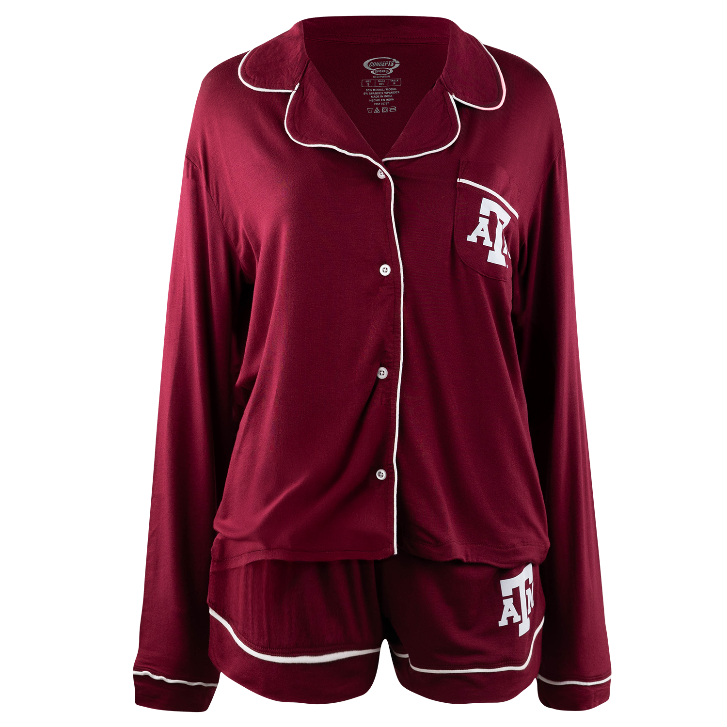 A women's long-sleeve pajama set in deep burgundy with white piping and white collegiate-style 'ATM' lettering on the chest and shorts, shown on a plain white background.