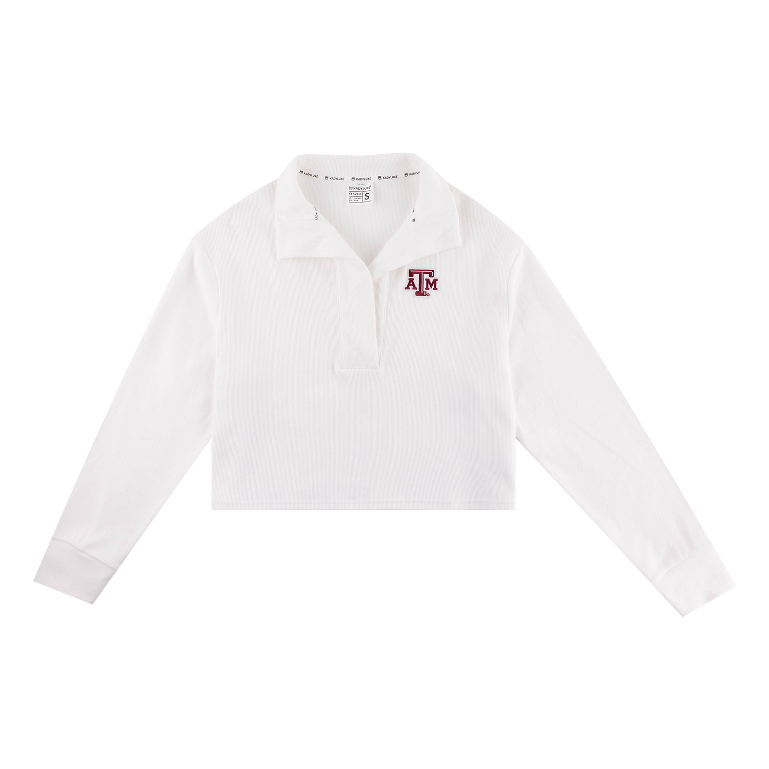 White corduroy collared top and skirt set with maroon ATM logo