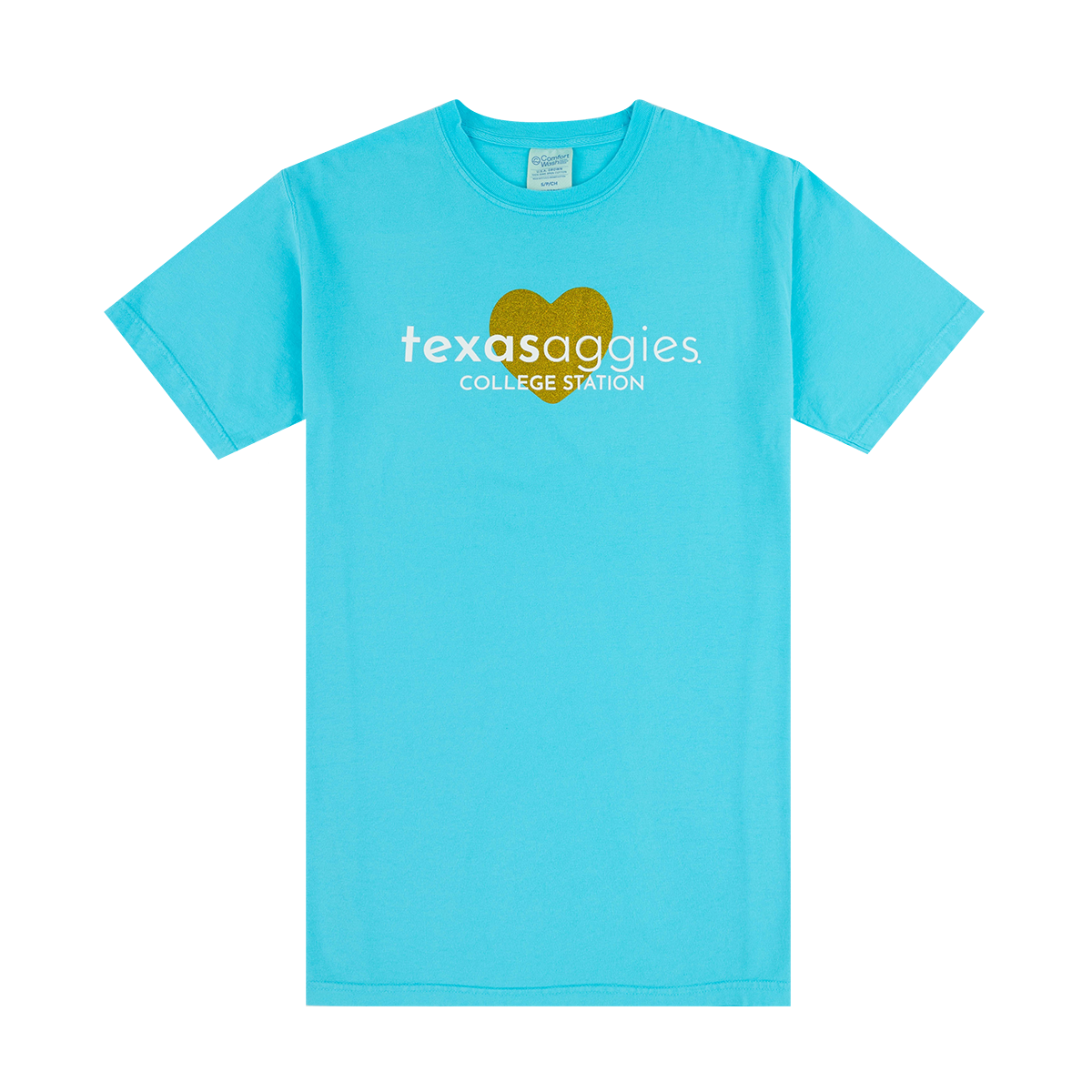 Light blue t-shirt with 'texasaggies' and a heart design 