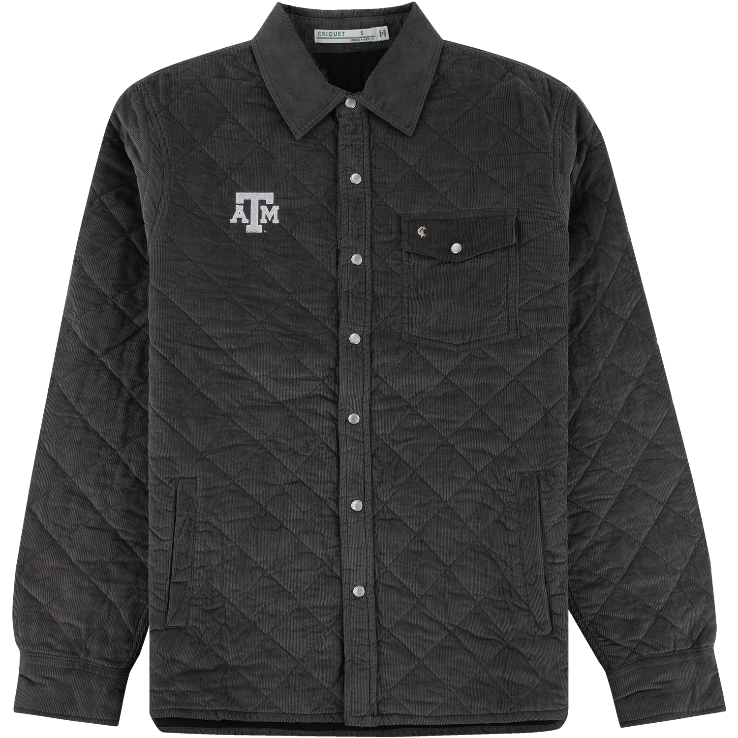 Charcoal gray quilted corduroy jacket featuring snap-button closures, a classic collar, a white Texas A&M ATM logo embroidered on the right chest, and a single left chest flap pocket.   