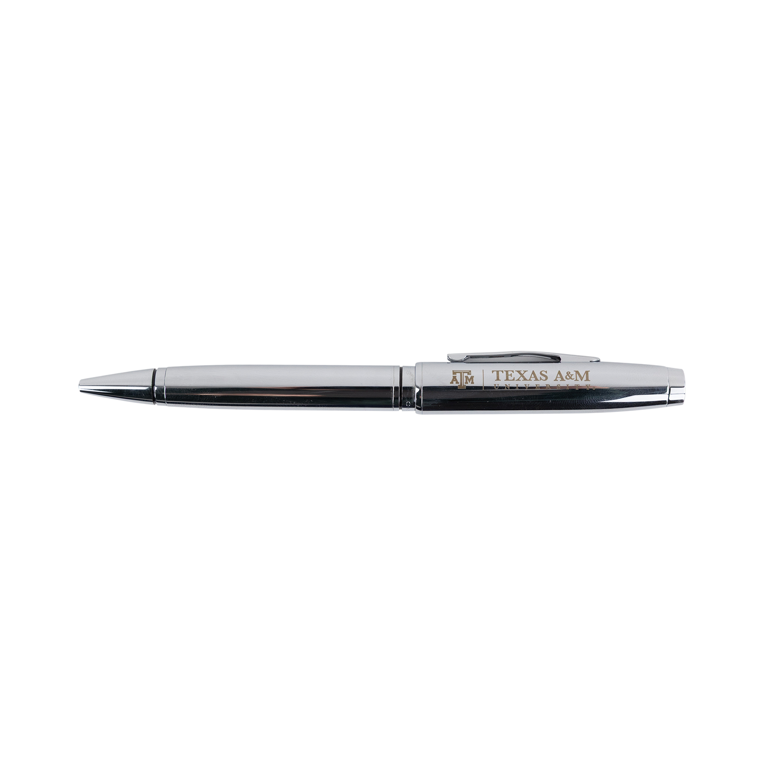 Shiny chrome pen featuring "Texas A&M University" embossing.