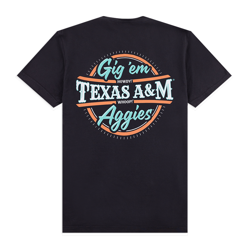 Black back of t-shirt with "Gig 'Em Aggies Texas A&M" in orange, blue, and white.