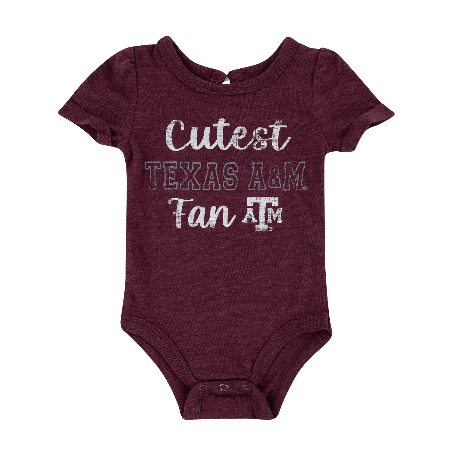 Maroon infant onesie that says Cutest Texas A&M Fan and have a white Texas A&M logo.