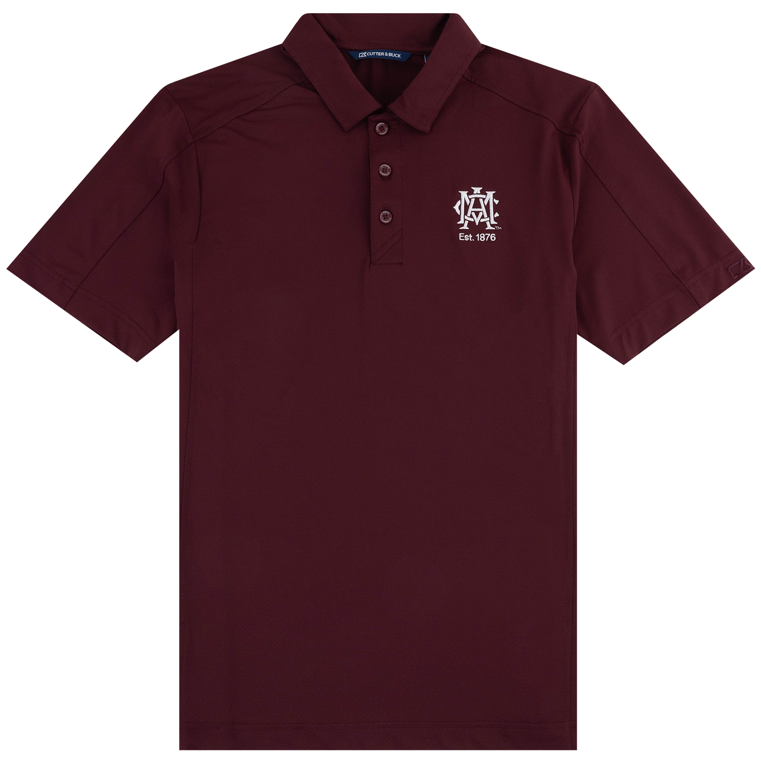 A maroon short-sleeve polo shirt with a white embroidered AMC logo on the left chest, displayed flat against a solid white background.