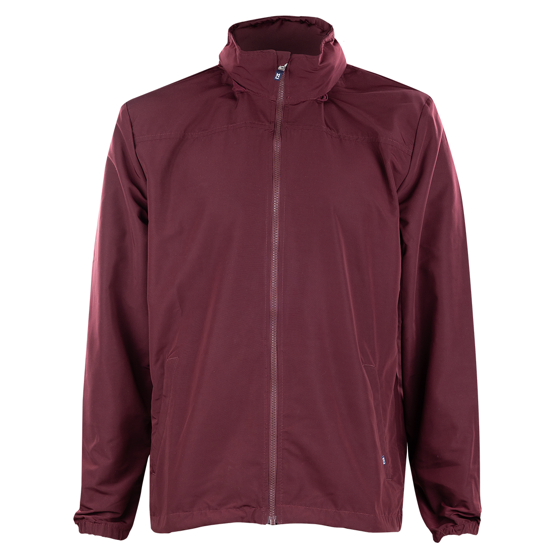 Maroon full zip jacket with hood.