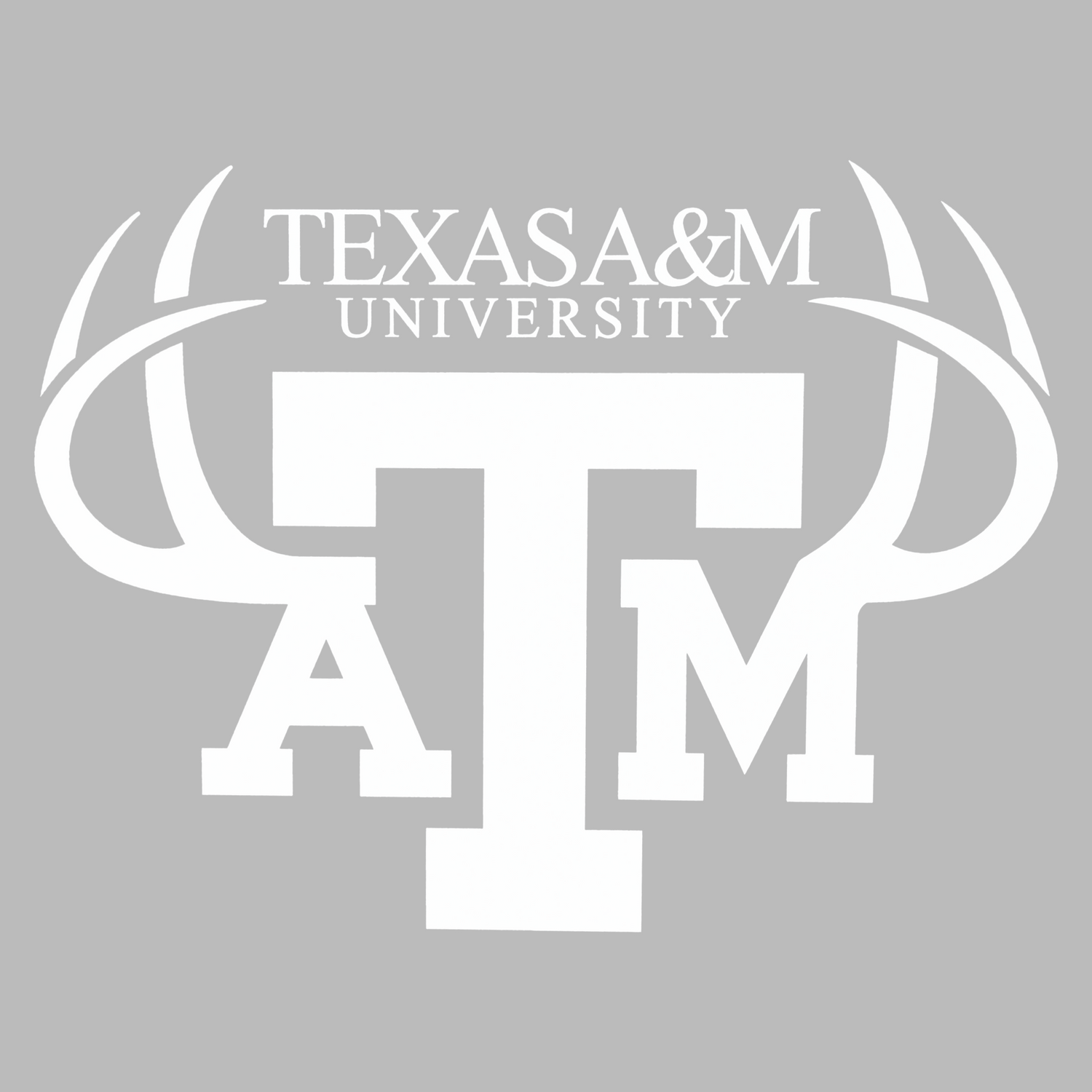 White Texas A&M University logo with the large 'ATM' monogram and antlers on a solid gray background.