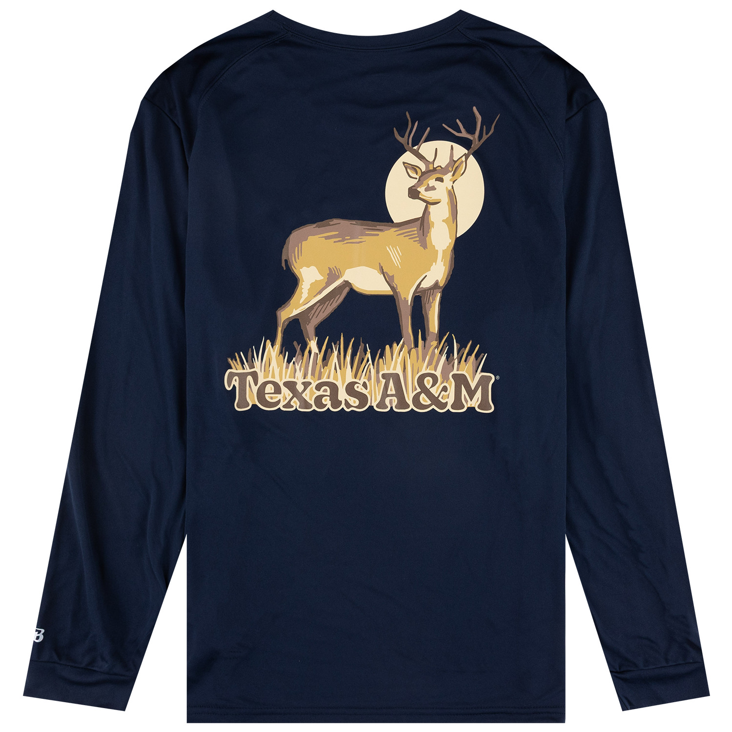 Black Texas A&M long-sleeve shirt featuring a vintage-style deer graphic standing in front of a full moon, with grass and “Texas A&M” lettering in tan and gold tones.
