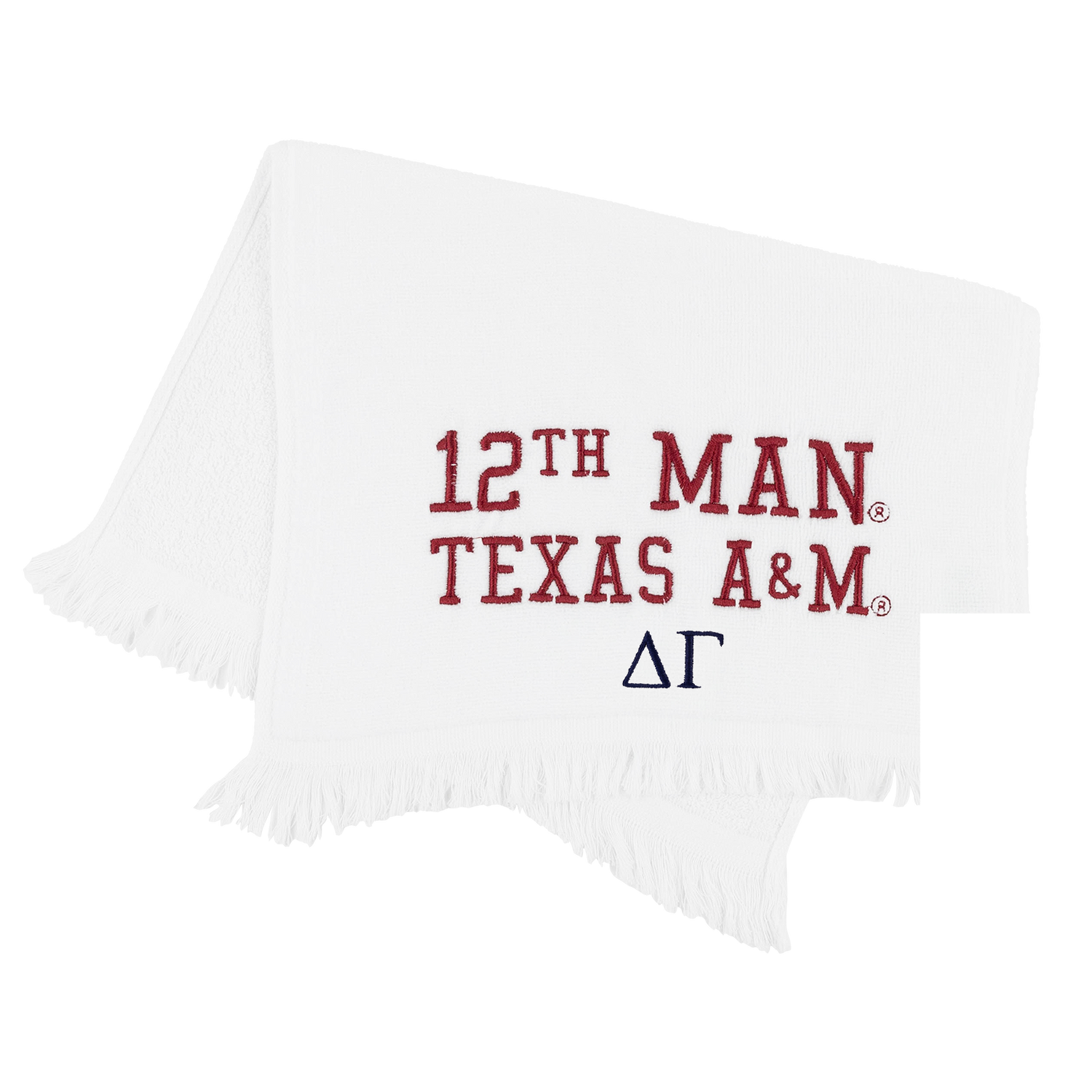 White towel with maroon "12th Man Texas A&M" and dark navy Delta Gamma greek letter embroidery