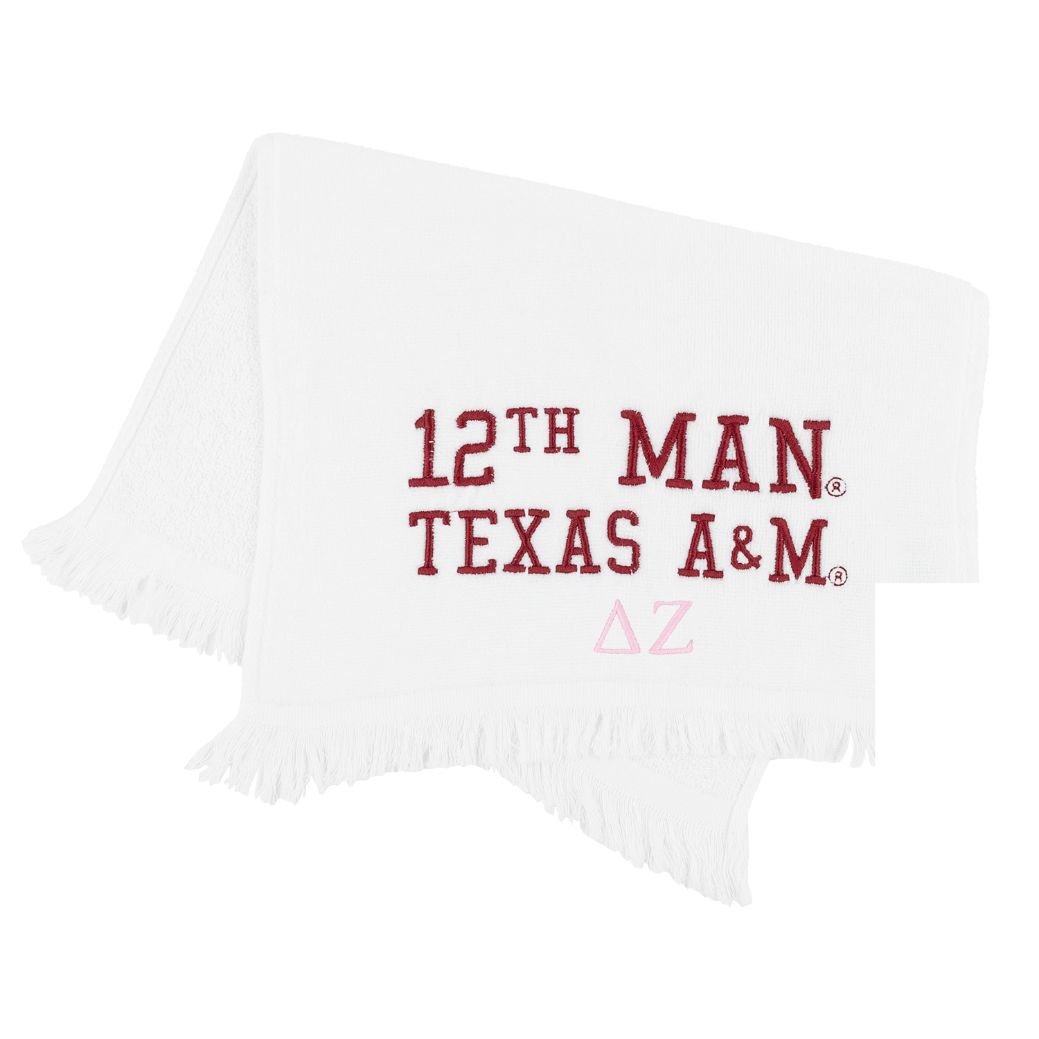 A white fringed rally towel featuring '12TH MAN TEXAS A&M' embroidered in maroon and a light pink Delta Zeta symbol below it, displayed on a clean white background.