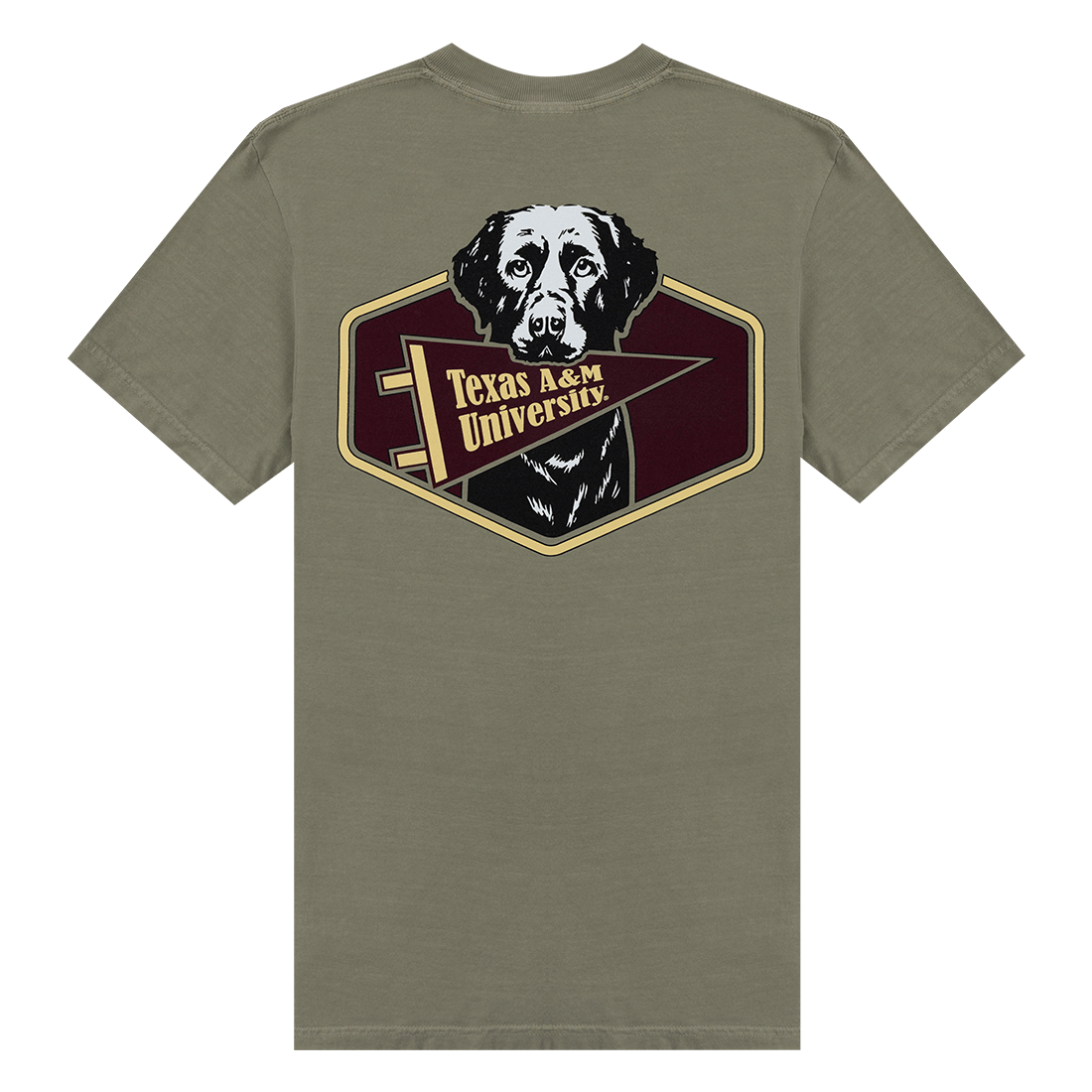 Green T-Shirt with Dog Holding Texas A&M Pennant