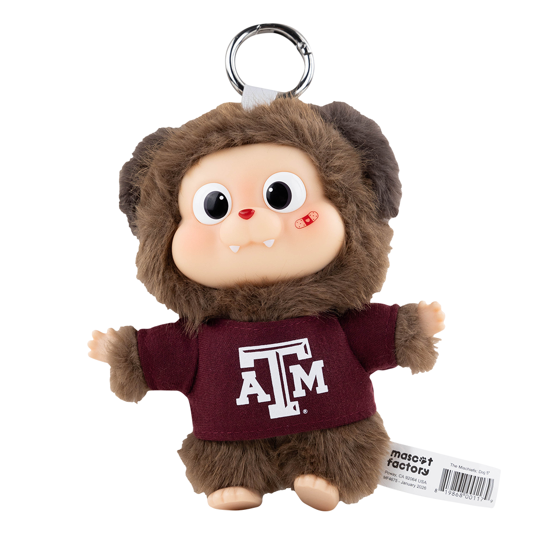 Plush keychain with a maroon shirt featuring a logo