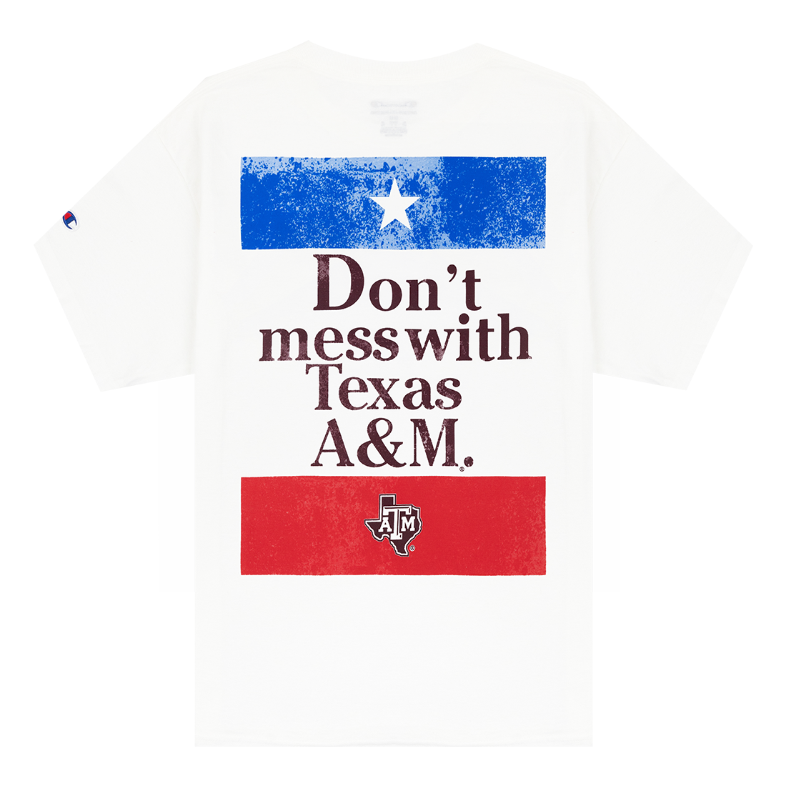 White T-Shirt with the Texas Flag coloring on the back and "Don't Mess with Texas A&M" on the back in maroon