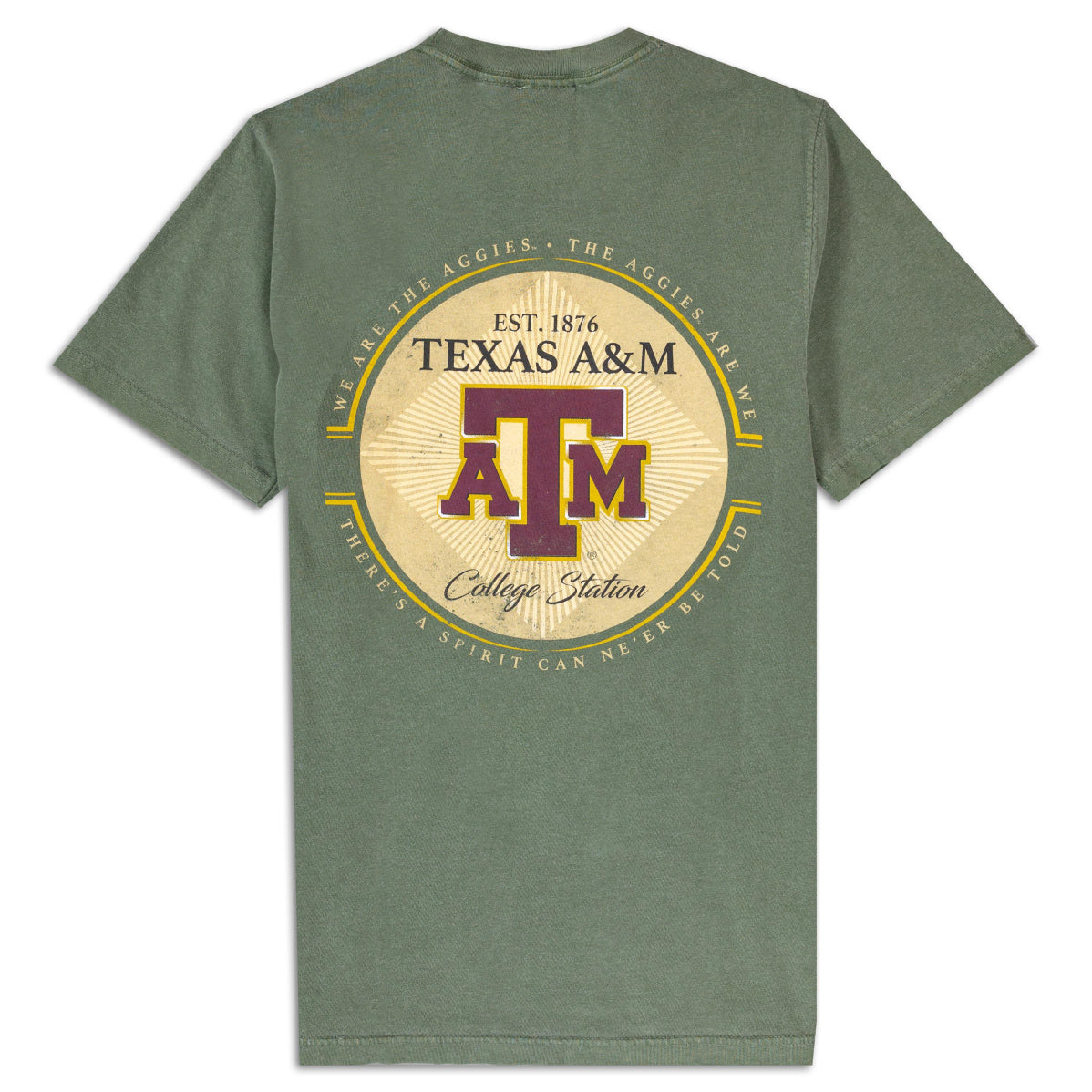 Texas A&M green t-shirt with the Texas A&M logo in the middle in maroon on the back of the shirt.